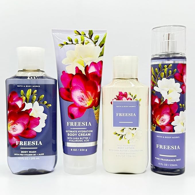 Freesia 4-Piece Bath & Body Gift Set - Hydrating Body Wash, Ultra Moisturizing Cream, Nourishing Lotion & Fragrance Mist | Perfect for Self-Care, Spa Days & Gifts