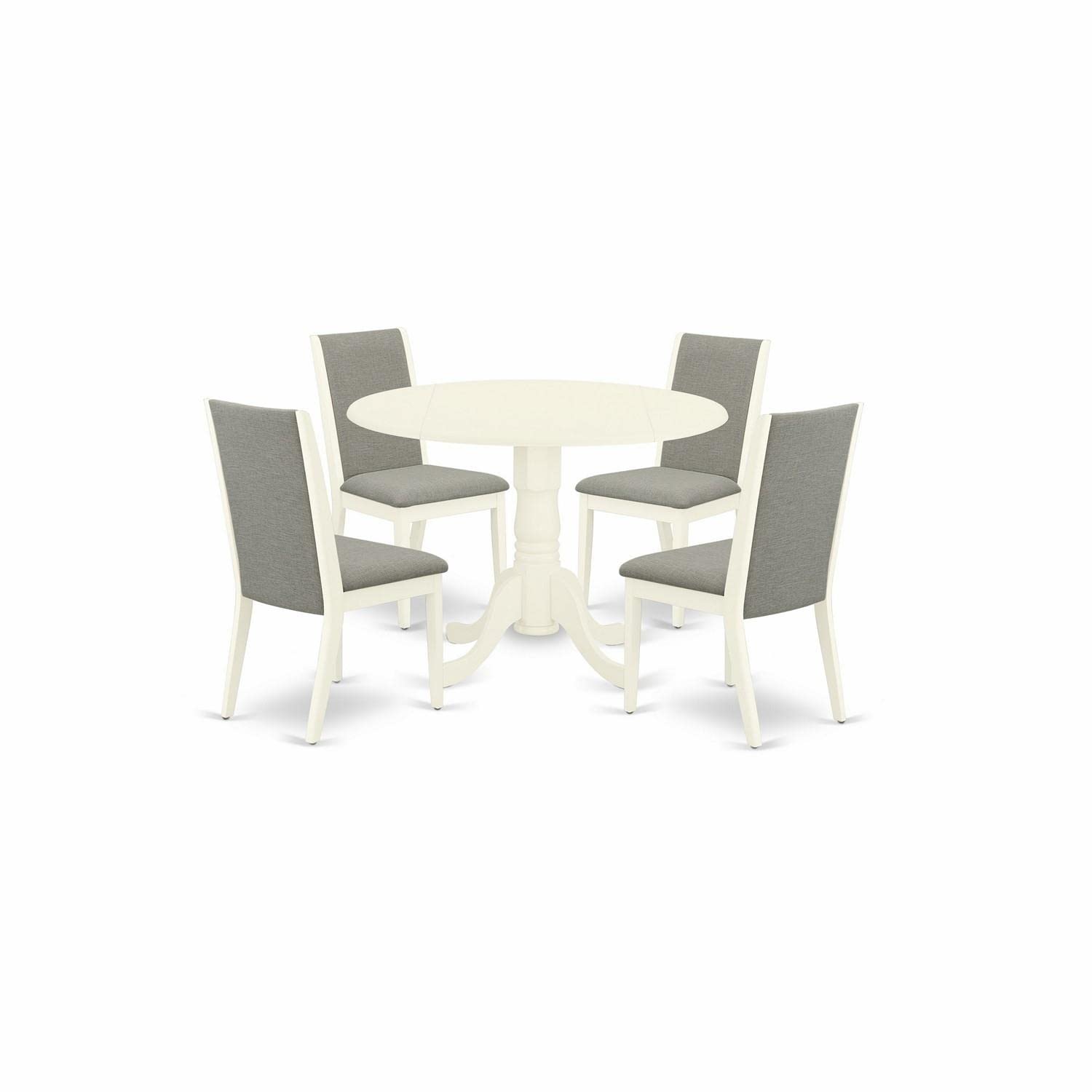 East West Furniture DLLA5-WHI-06 5-Piece Round Dining Table Set with Drop Leaf & 4 Linen Fabric Parson Chairs, 42x42 Inch, White - Perfect for Small Kitchens, Breakfast Nooks, and Cozy Dining Spaces