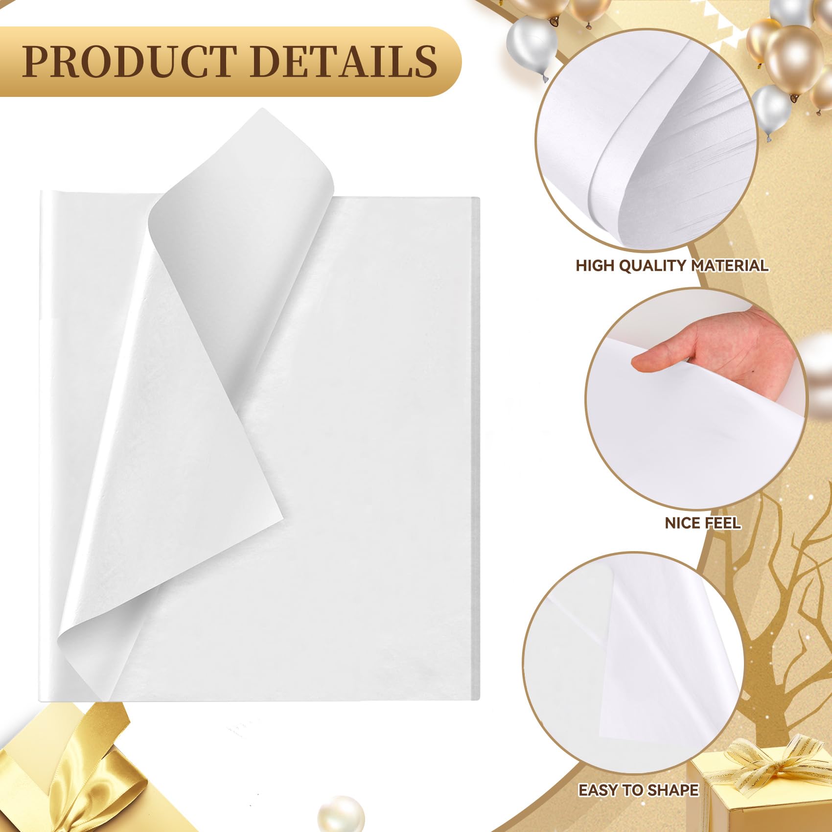 Premium White Tissue Paper for Gift Bags - 30 Sheets Bulk Wrapping Paper (14