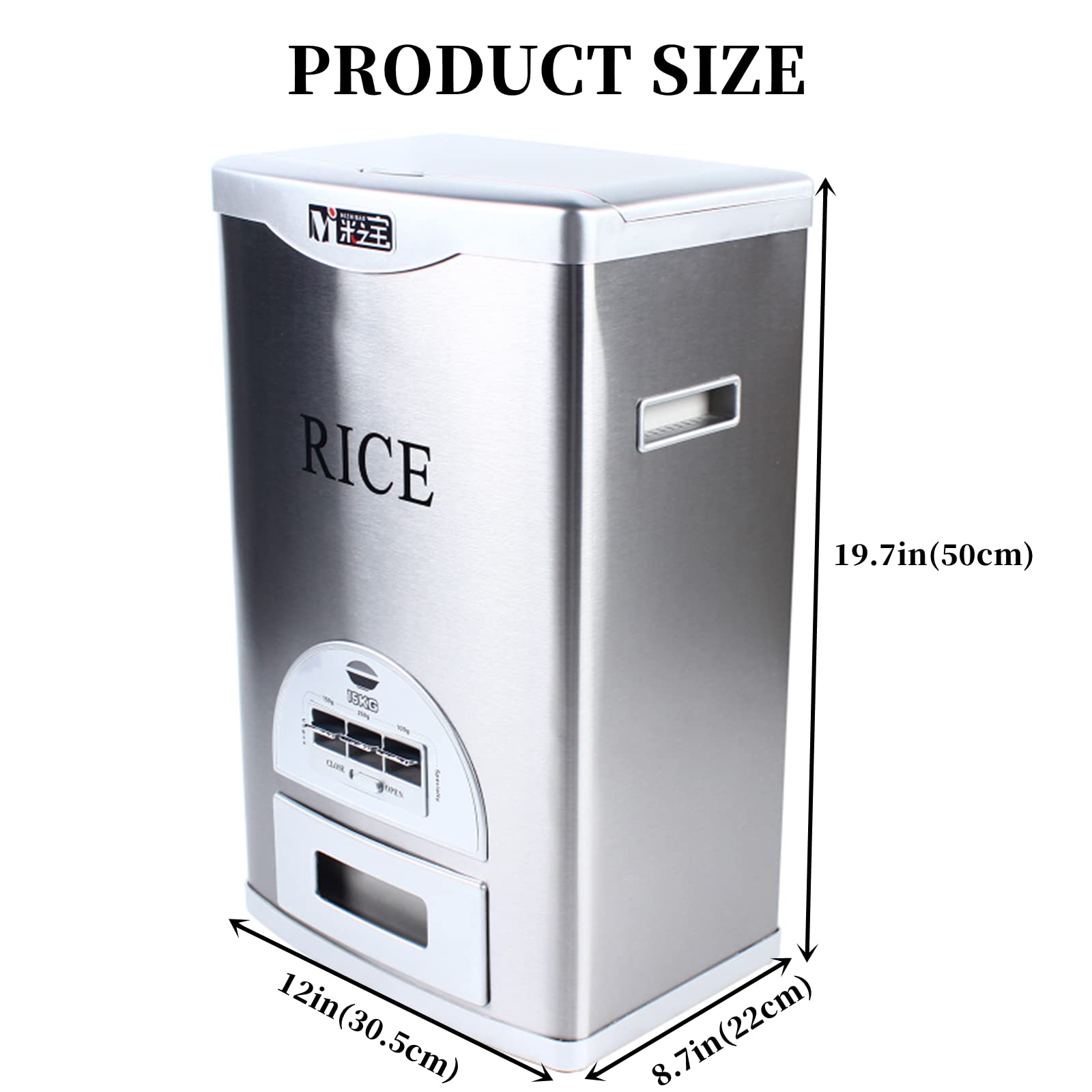 LOYALHEARTDY Automatic Rice Dispenser - 15kg/33lb Large Capacity Grain Storage Container with 100g/150g/250g Portion Control - Stainless Steel & ABS for Rice, Beans, Small Grains - Perfect for Kitchen, Pantry & Bulk Food Storage