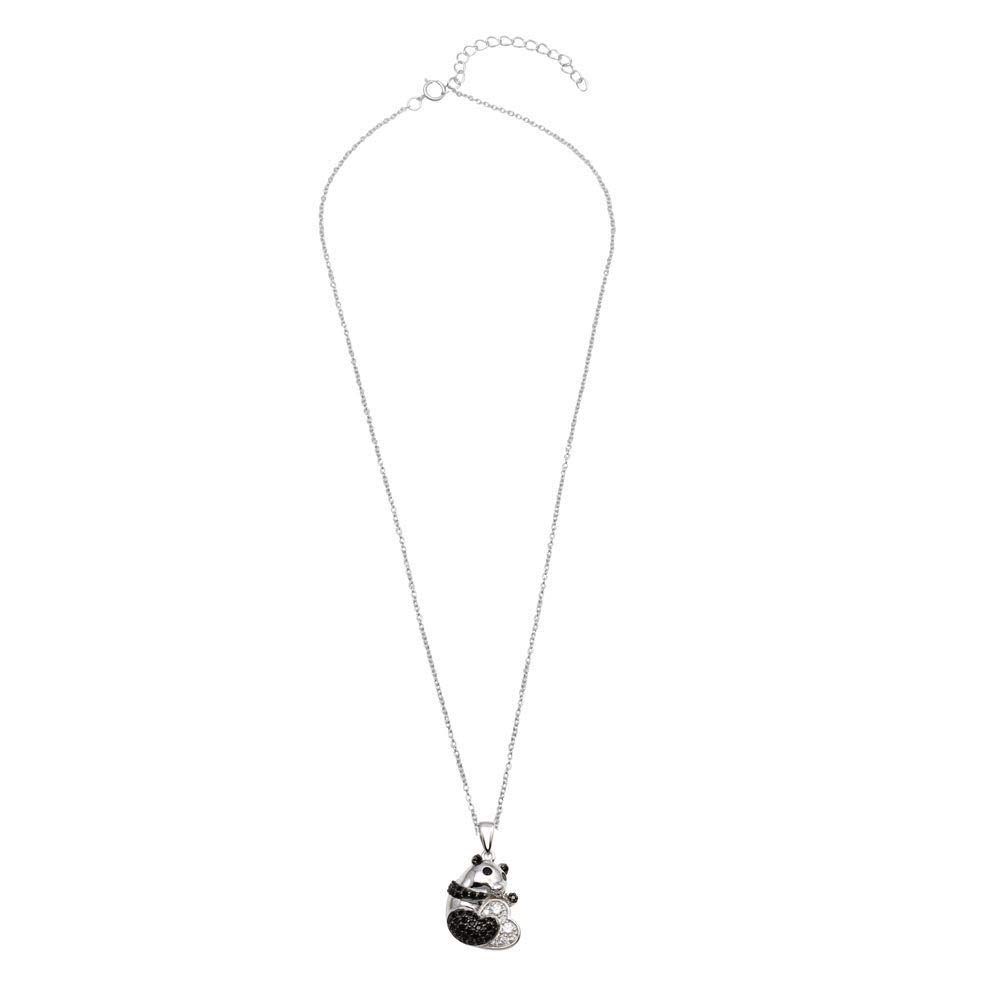 Sterling Silver Necklace with Black & Clear CZ Stones Heart Panda Bear Pendant - Elegant Jewelry Gift for Women, Girls - Perfect for Valentine's Day, Birthday, Anniversary & Everyday Wear