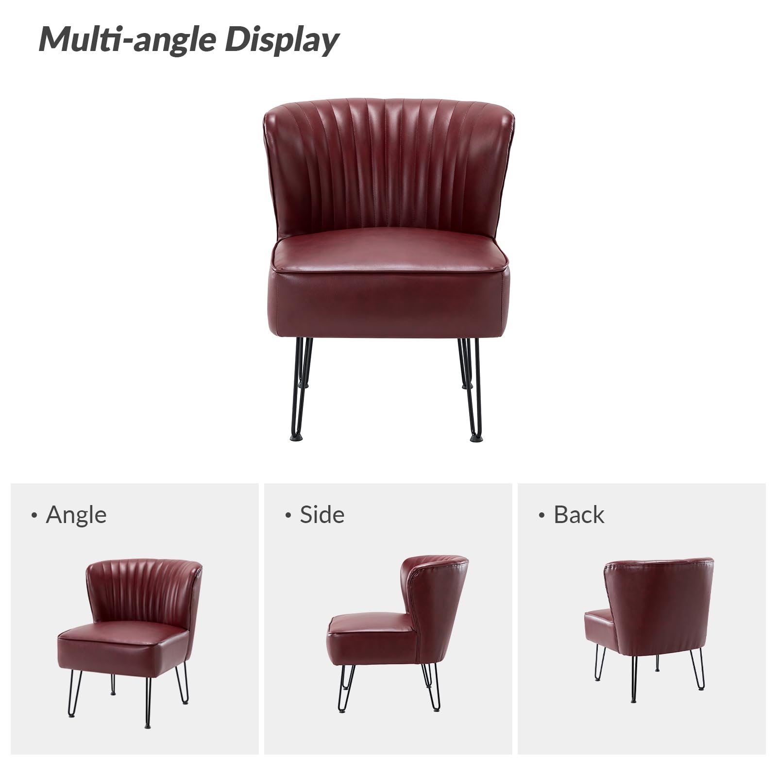 HULALA HOME Faux Leather Accent Chairs Set of 2 with Sturdy Metal Base - Mid Century Modern Living Room Armless Side Chairs - Burgundy Upholstered Comfortable Seating for Bedroom, Office & Lounge Areas