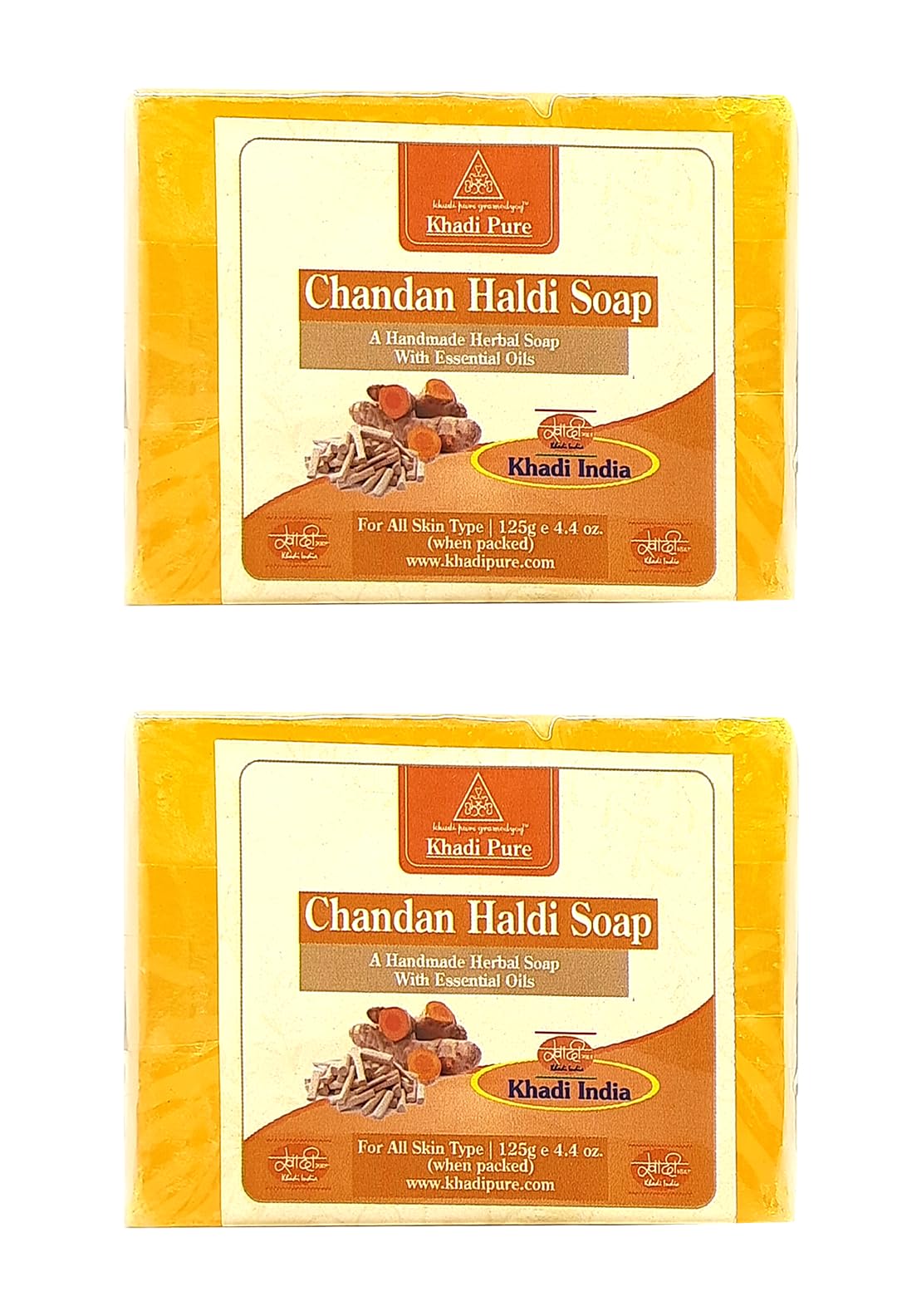Khadi Pure Herbal Chandan Haldi Soap 125g (Pack of 2) - 100% Natural Sandalwood & Turmeric Soap for Glowing Skin - Face & Body Cleanser for Dry & Sensitive Skin - Ayurvedic Skincare for Daily Use & Spa Treatments