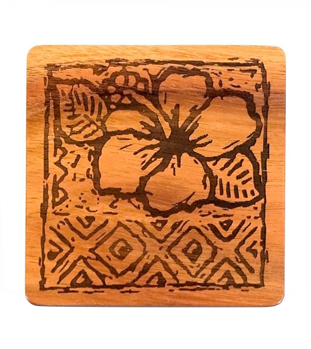 Premium Koa Wood Heritage Coaster Set with Hawaiian Kapa Hibiscus Design - Perfect for Hot & Cold Drinks, Home Decor, and Gift Giving