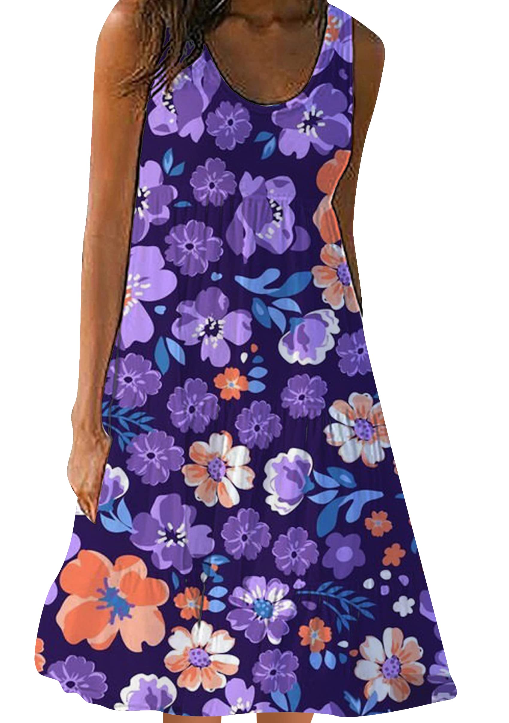 YMING Women's Sleeveless Beach Swing Dress - Casual Scoop Neck Pleated Sundress with Ruffle Detail | Perfect for Summer Vacations, Pool Parties & Tropical Getaways