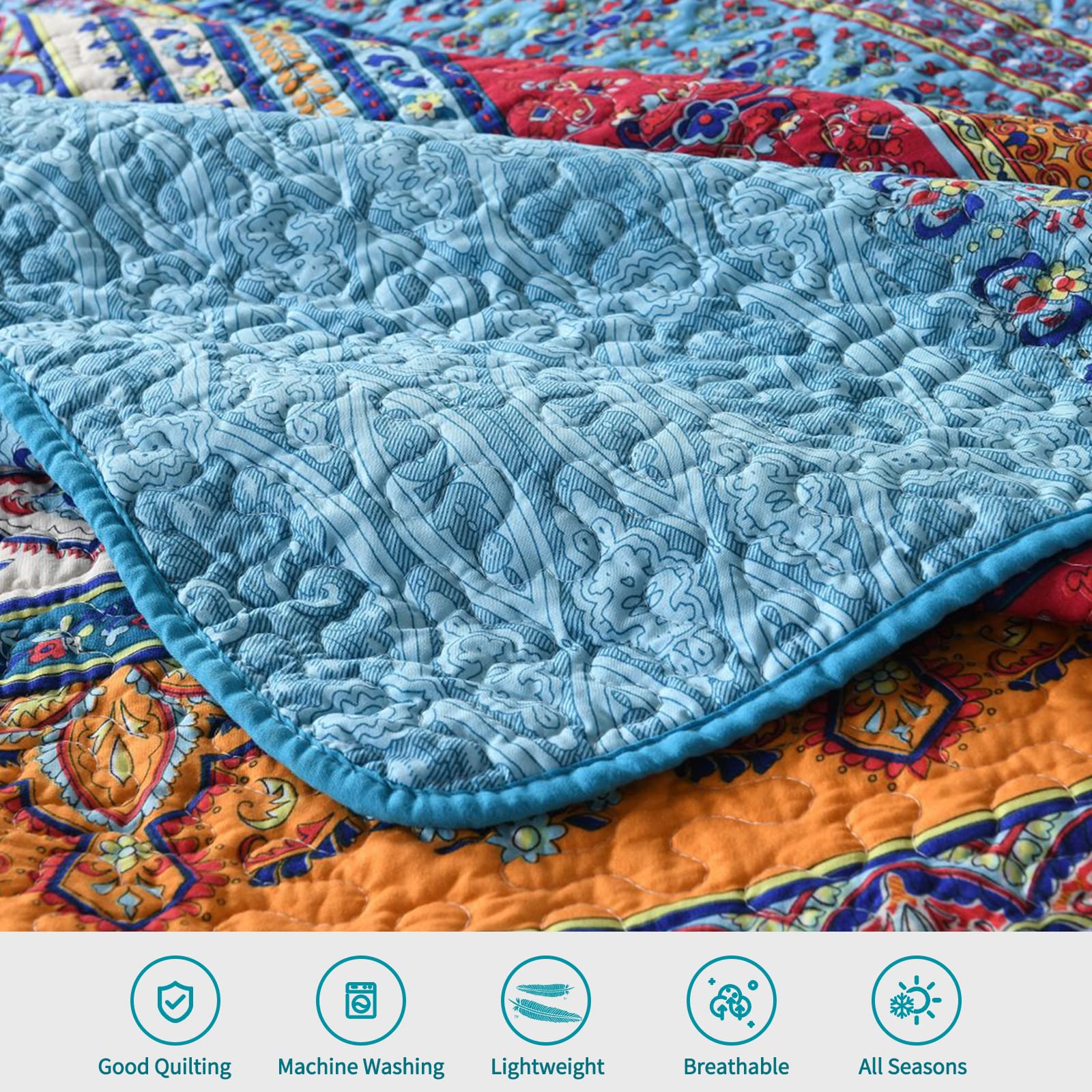 Soft Microfiber Reversible Bohemian Quilt Throw Blanket - Red Blue Striped Boho Design for Twin Bed & Couch - 50