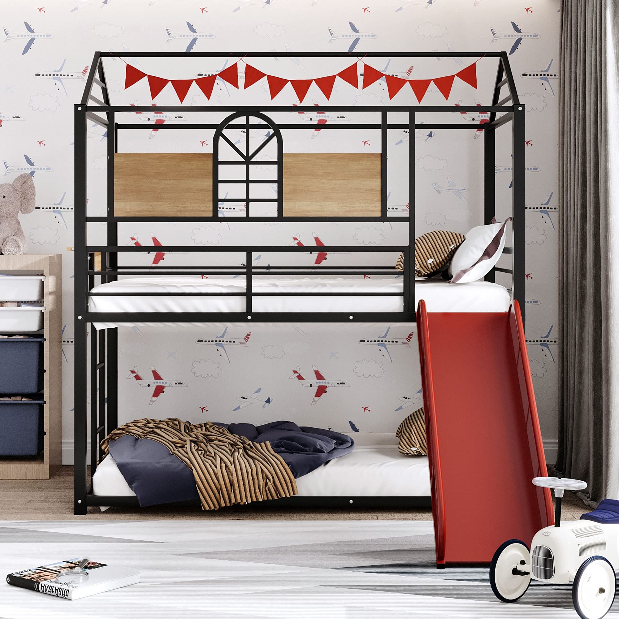 Twin Over Twin Metal Bunk Bed with Slide, Ladder & Side Shelf - Kids Club House Loft Bed in Black & Red - No Box Spring Needed - Perfect for Kids' Bedrooms, Playrooms & Sleepovers