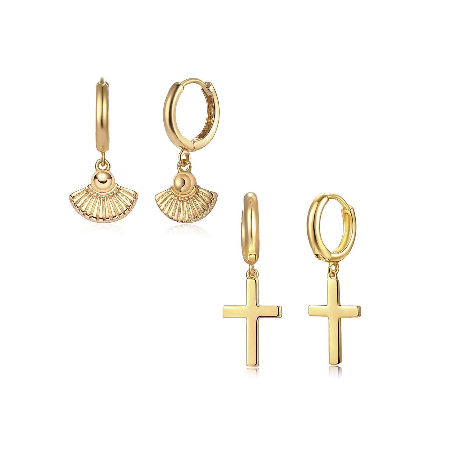 MYEARS Women's Gold Huggie Hoop Dangle Earrings - Cross & Fan Earrings Set for Layering | Trendy Stackable Jewelry for Everyday Wear, Parties & Special Occasions