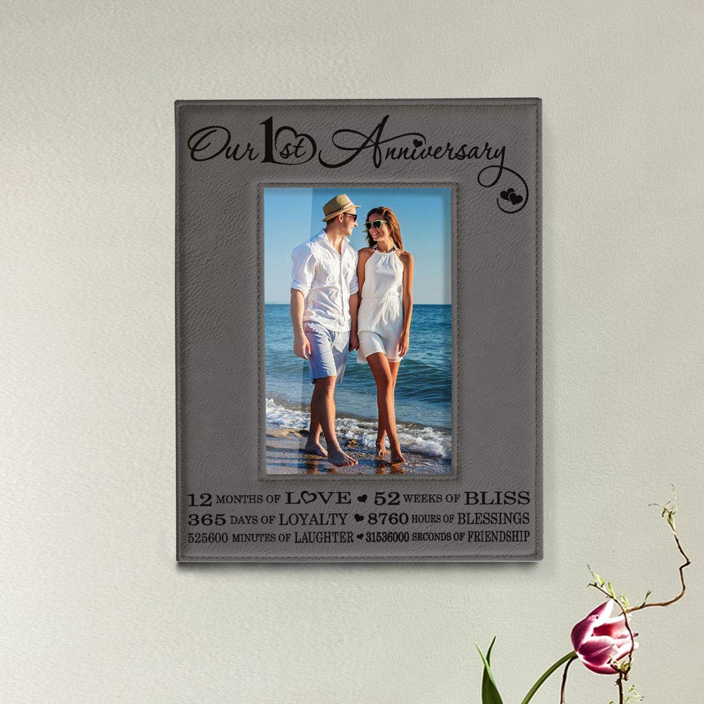 KATE POSH 1st Anniversary Engraved Leather Picture Frame - 5x7 Vertical Wedding Gift for Couples, Him & Her - Perfect for Displaying Cherished Memories on Dressers, Desks or as Romantic Home Decor