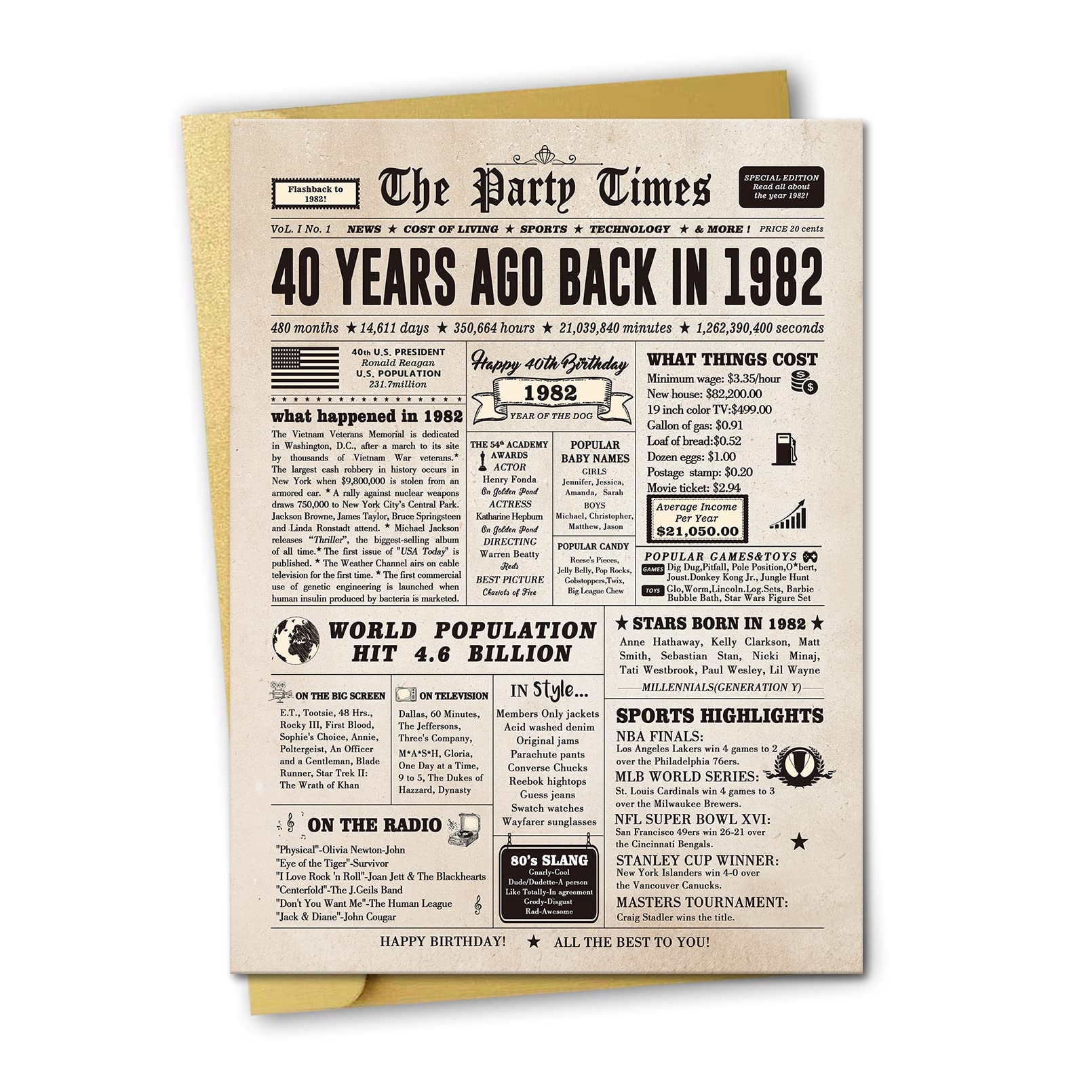 Funny 40th Birthday Card for Men & Women - Jumbo 1982 Vintage Gift for Husband, Wife, Best Friend or Daughter - Perfect for 40 Year Old Birthday Celebrations & Nostalgic 1982 Theme Parties