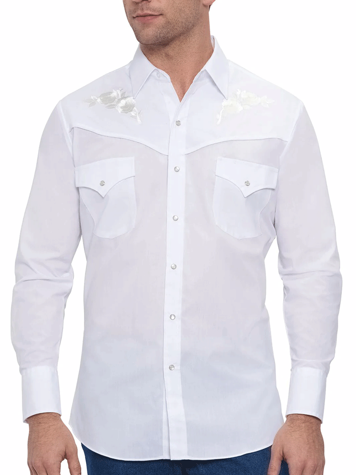 Ely Cattleman Men's Western Shirt with Rose Embroidery - Long Sleeve Cowboy Shirt in White for Rodeo, Country Music Festivals & Western Fashion