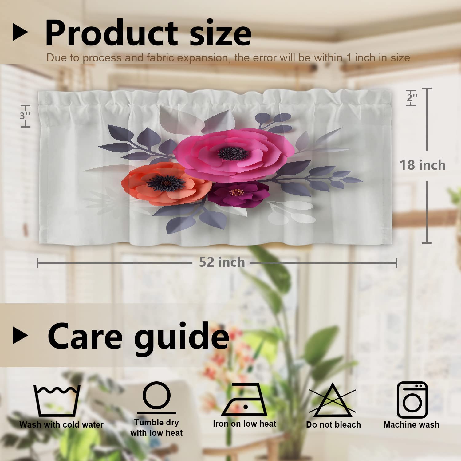 Elegant Red Pink Floral Wedding Kitchen Valance Curtains - Romantic White Floral Lace Blackout Window Drapes for Small Windows (52x18 Inch, Set of 2) - Perfect for Kitchen, Bedroom, and Wedding Decor