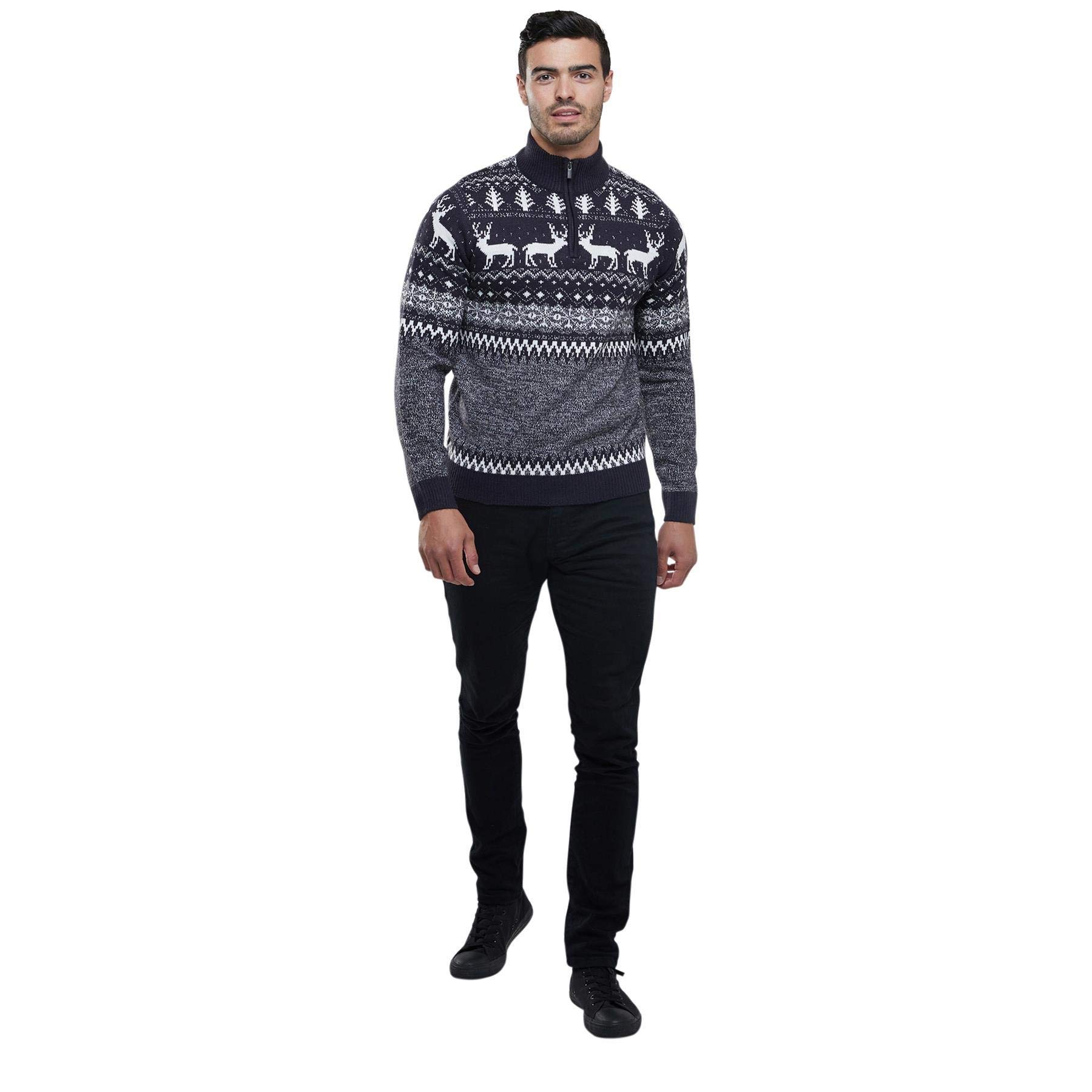 Men's Reindeer Twist Zip Funnel Neck Christmas Sweater - Festive Holiday Pullover for Xmas Parties & Family Gatherings