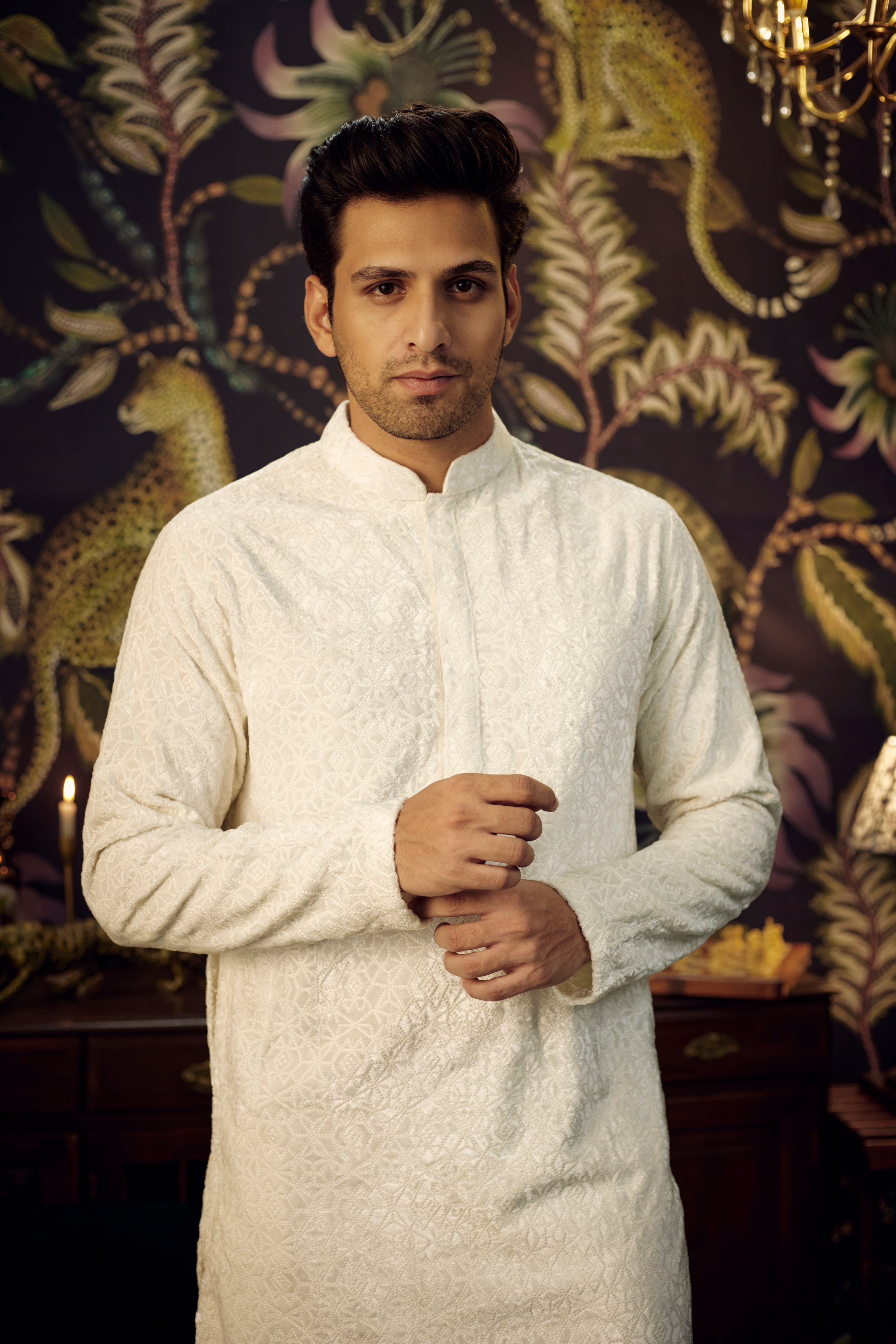 Elegant Off-White Geometric Embroidered Kurta with Tone-on-Tone Thread Work - Perfect for Festive Occasions, Weddings & Ethnic Fashion