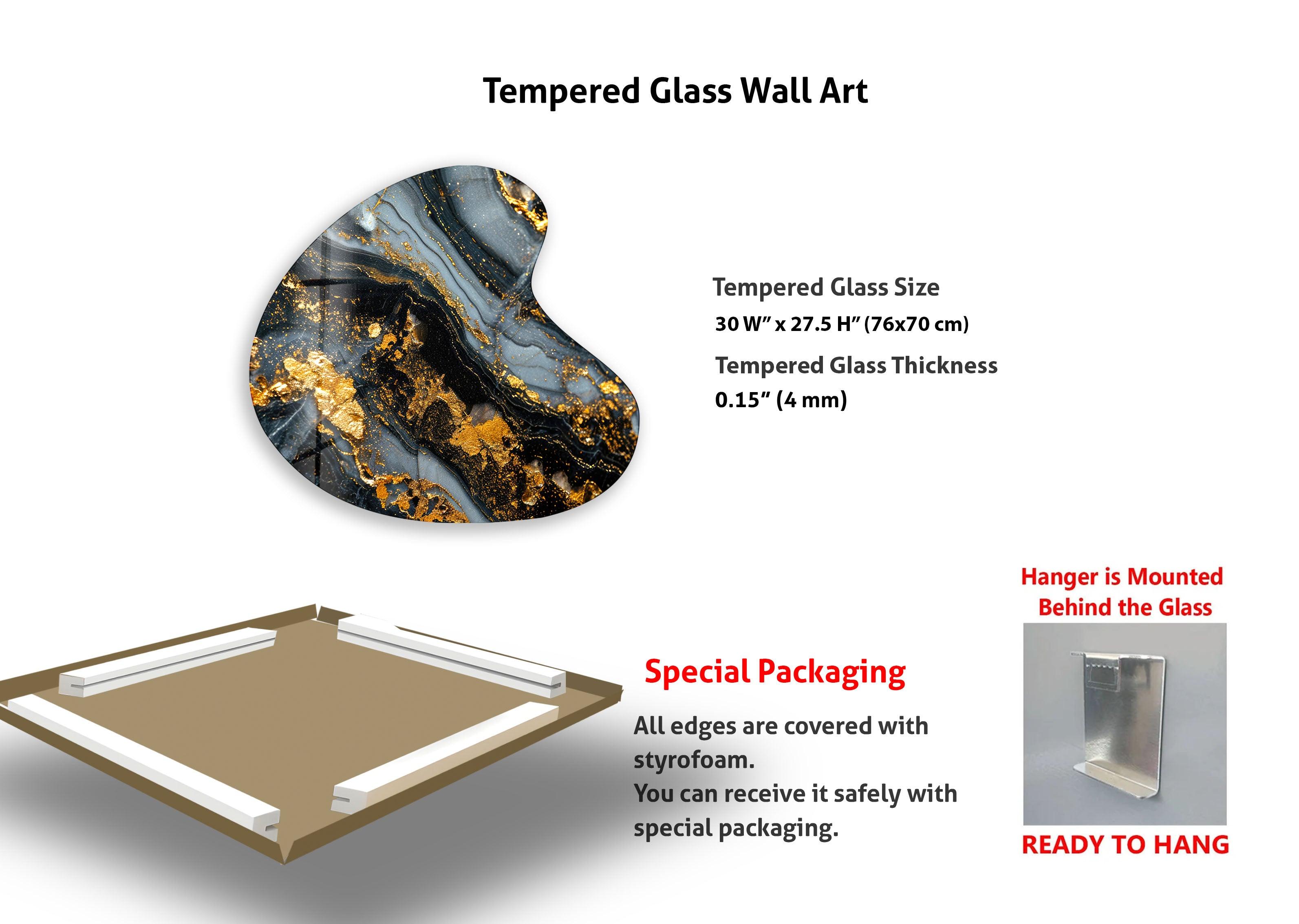 Black Marble Style Irregular Glass Wall Art - Modern Abstract Home Decor for Living Room, Bedroom & Office - Unique Handmade Glass Artwork for Wall Decoration
