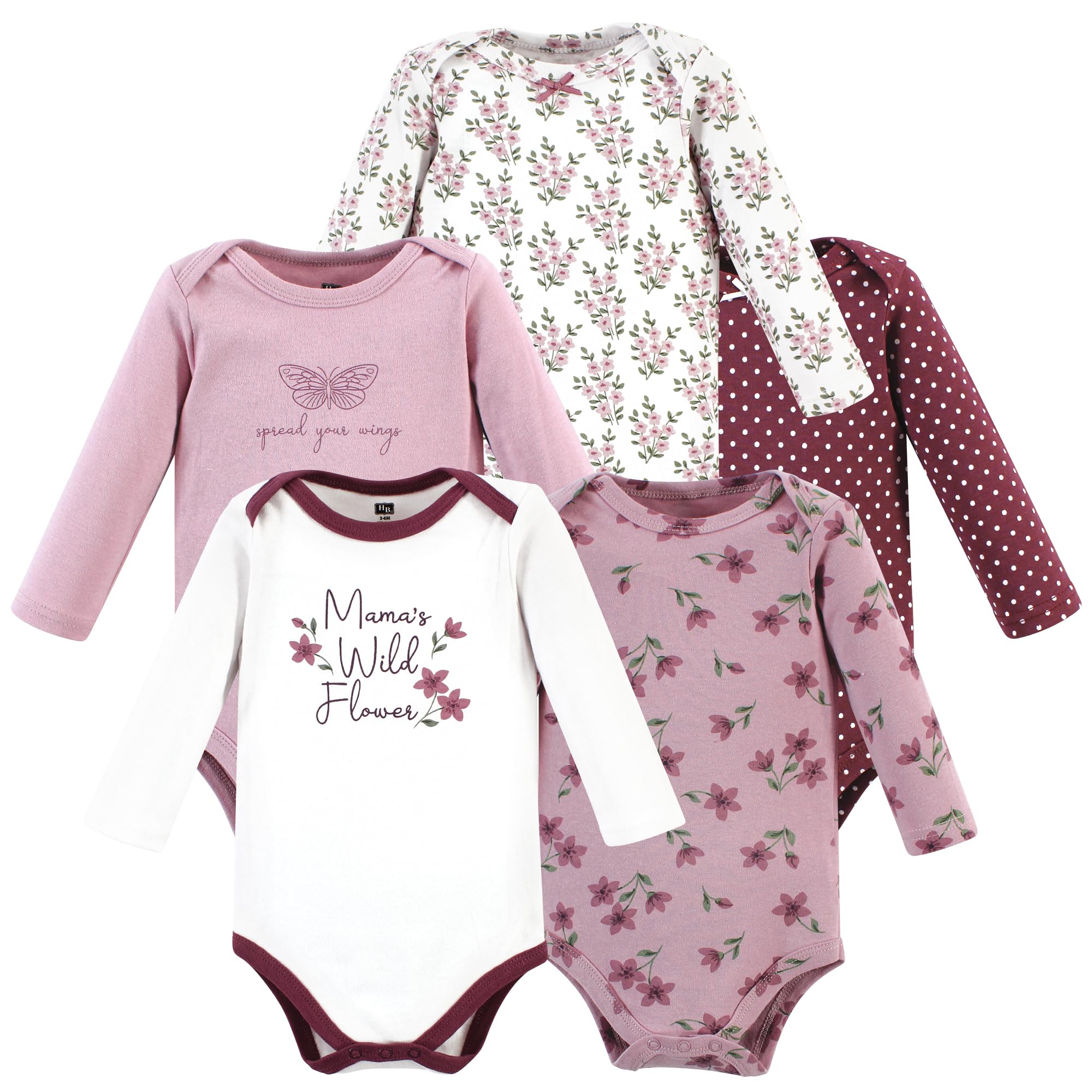 Hudson Baby Unisex Cotton Long-Sleeve Bodysuits - Soft Plum Wildflower Print - 0-3 Months - Perfect for Newborn Outfits, Baby Shower Gifts & Everyday Comfort