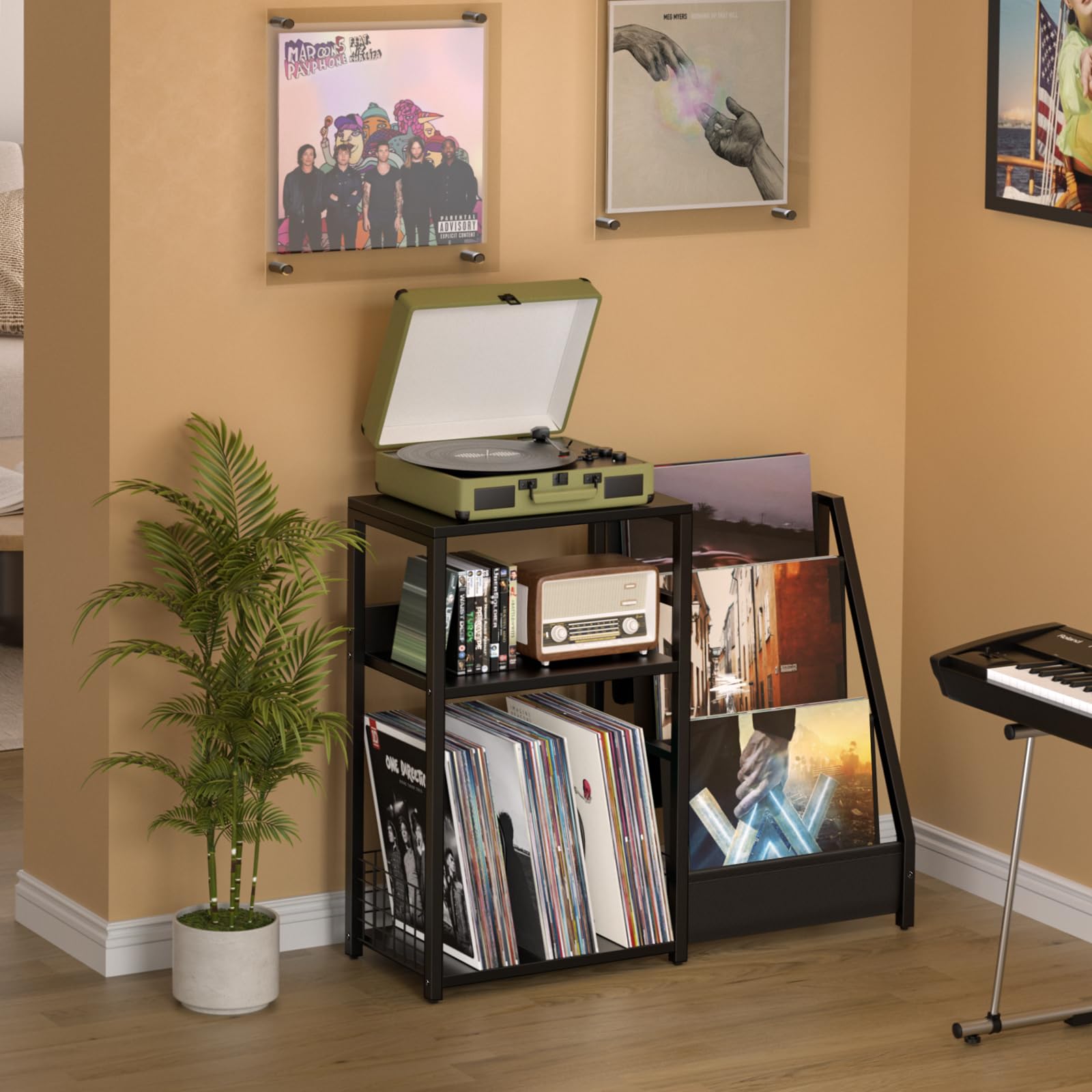 LELELINKY 3-Tier Black End Table with Vinyl Storage - Industrial Record Player Stand Holds 150+ Albums, Side Table with Display Shelf for Living Room, Bedroom & Office - Perfect for Organizing Vinyl Records, Books & Decor