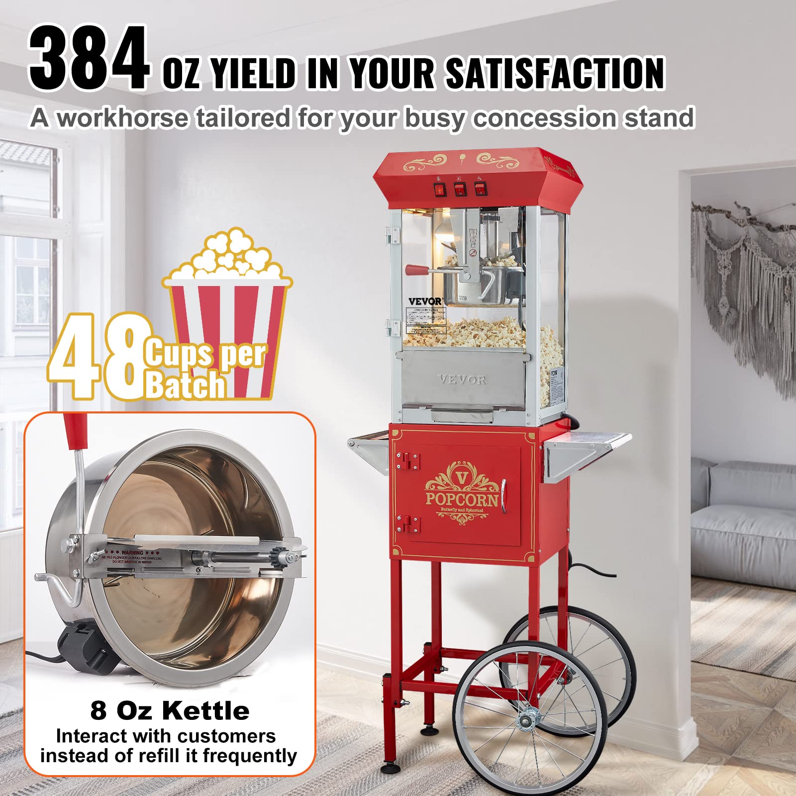 VEVOR 8 Oz Commercial Popcorn Machine - 850W Theater Style Popper with Wheels, Makes 48 Cups per Batch - 3-Switch Control, Steel Frame & Tempered Glass Doors - Includes Scoop & Spoons - Perfect for Movie Theaters, Carnivals, and Home Theater Snack Bars