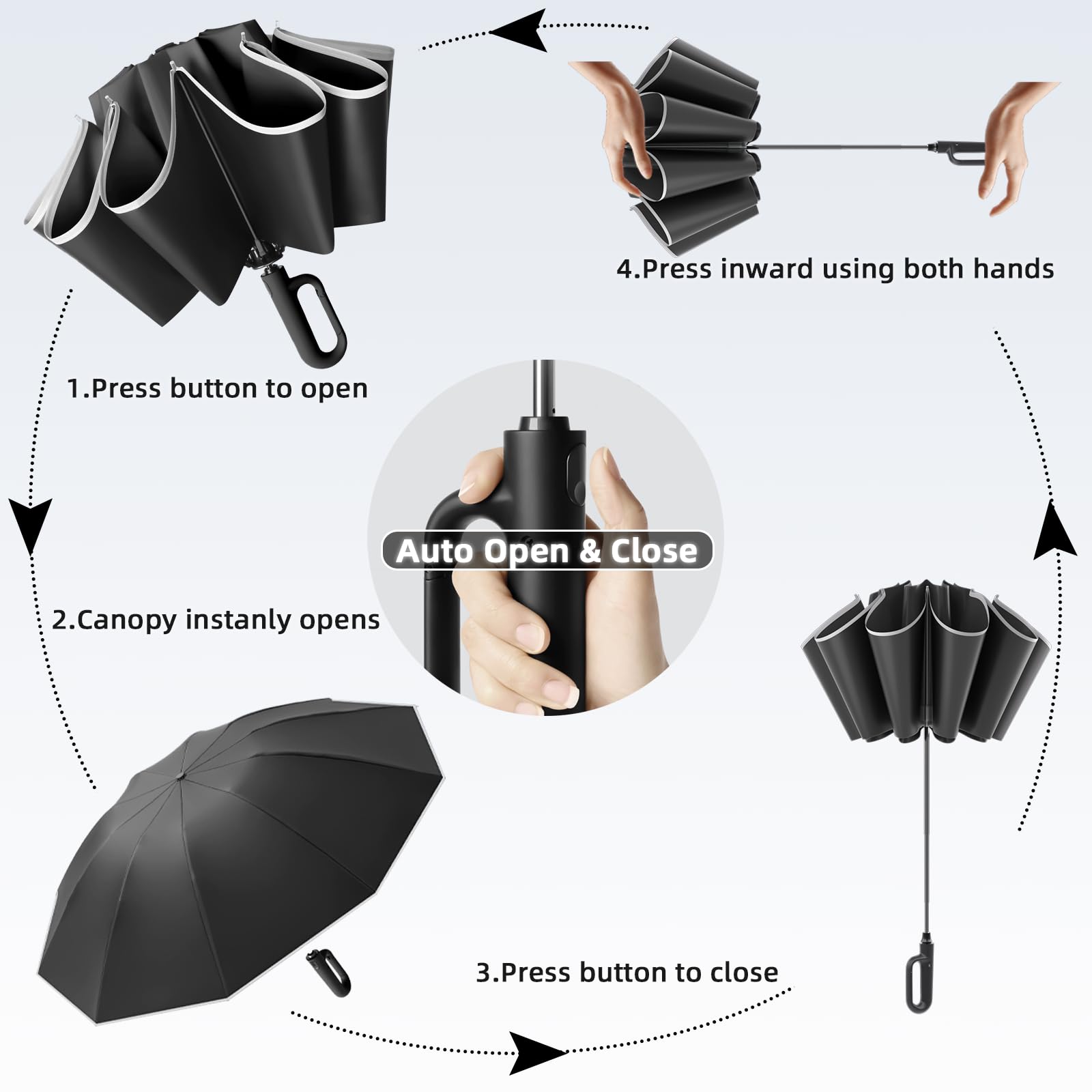 Compact Reverse Folding Travel Umbrella with Carabiner Handle - Windproof Rain & UV Protection Umbrella with Reflective Strip for Men & Women - Perfect for Commuting, Hiking, and Outdoor Activities