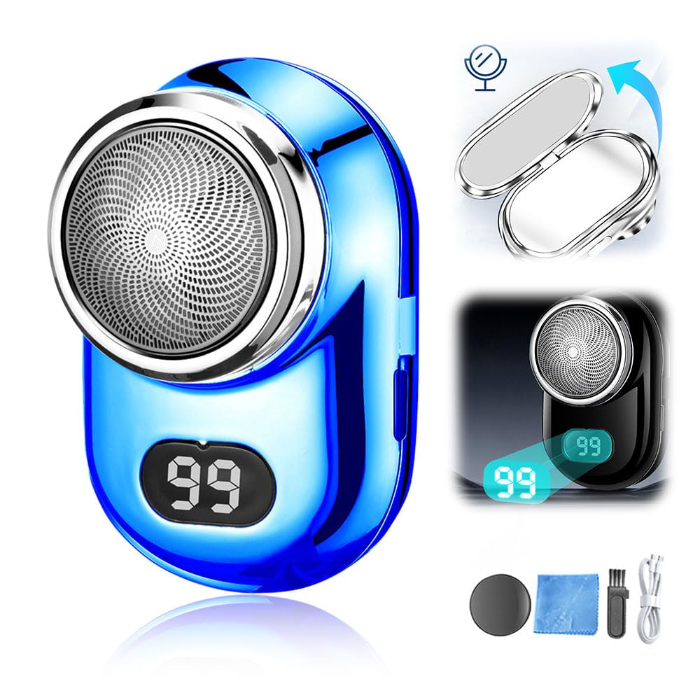 2024 New Mini Electric Shaver for Men - Fast Charging, Digital Display, USB Rechargeable, Waterproof Beard Trimmer with Mirror - Portable Travel & Gym Shaver (Blue) - Perfect for Home, Office & On-the-Go Grooming