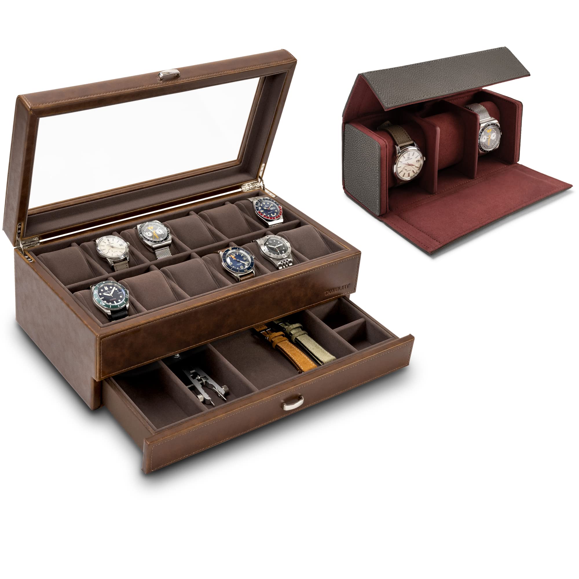 Premium Bayswater 12-Slot Leather Watch Box with Drawer & Lennox 3-Watch Travel Roll - Genuine Brown Leather Watch Organizer for Men - Perfect for Watch Collection Storage & Travel Accessories