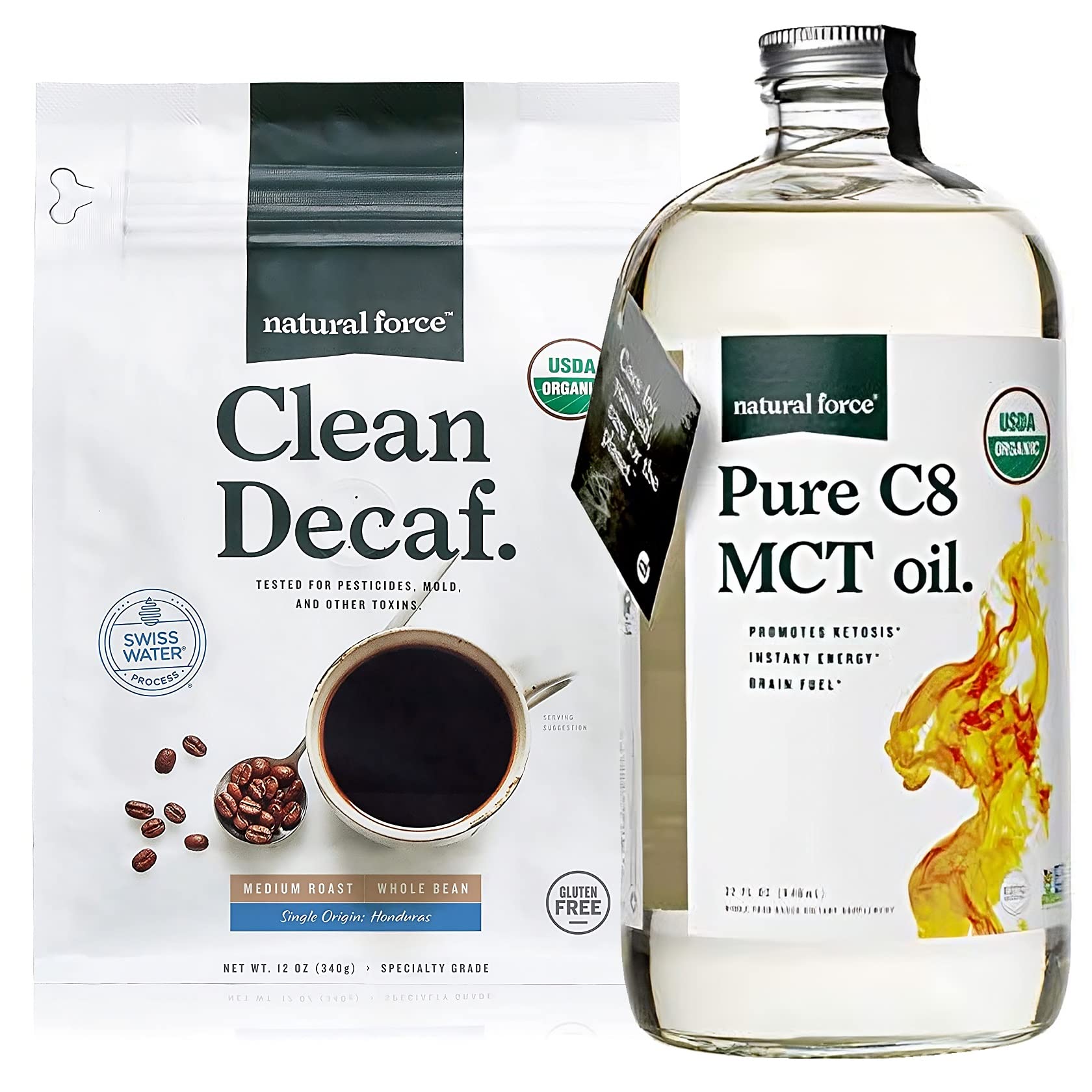 Natural Force Clean Decaf Coffee with Organic Pure C8 MCT Oil Bundle – 100% C8 MCTs, Mold & Mycotoxin Free, Non-GMO, Keto, Paleo, Vegan – 12 Oz & 32 Oz – Perfect for Morning Energy Boost & Keto Diet Support