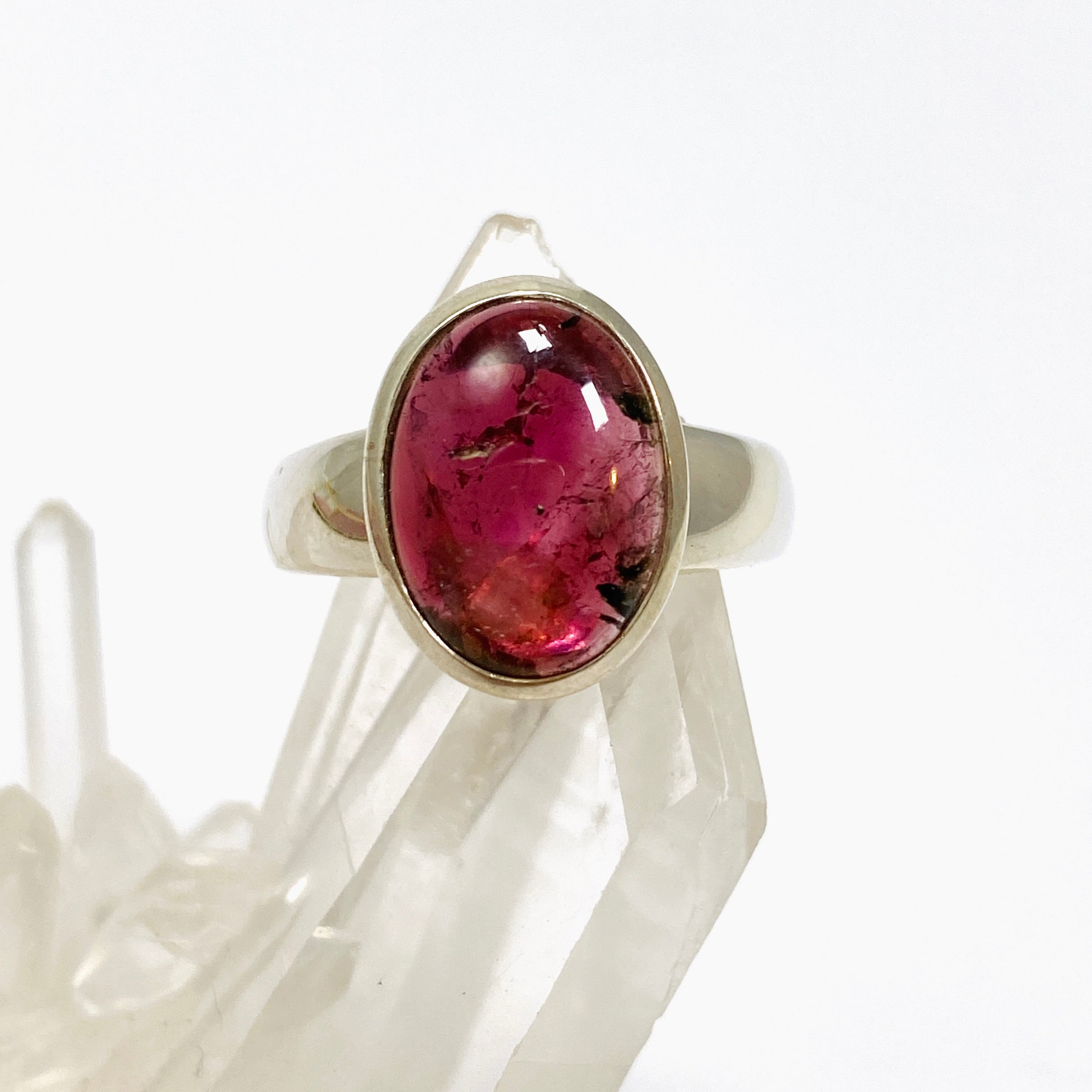 Natural Pink Tourmaline Oval Cabochon Ring - Size 9 Sterling Silver - PRGJ738 - Elegant Jewelry for Women's Daily Wear & Special Occasions
