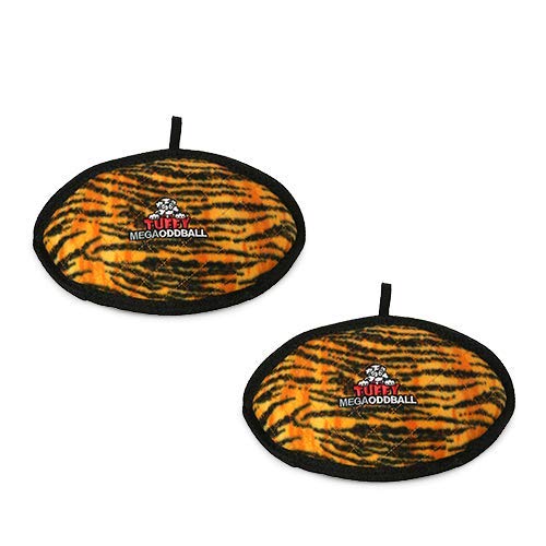 TUFFY - World's Toughest Soft Dog Toy - MEGA Odd Ball - No Squeakers - Multi-Layer Durable Design for Aggressive Chewers - Interactive Play (Tug, Toss & Fetch) - Machine Washable & Floats - Tiger Print 2-Pack - Perfect for Outdoor Play, Beach Trips & Water Fetch Games