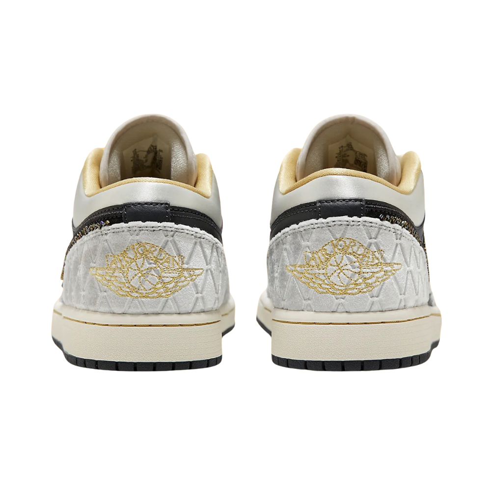 Air Jordan 1 Low Sneakers with Beaded Swoosh - Grey, Black & Sail Champagne Colorway for Men | Basketball Shoes & Casual Streetwear Fashion