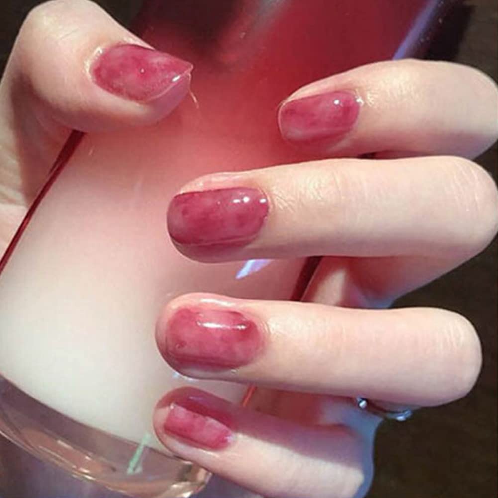 24Pcs Red Short Coffin Press on False Nails with Glue Stickers - Rosy Glossy Acrylic Full Cover Fake Nails for Women & Girls | Easy DIY Manicure, Party, Wedding & Special Occasion Nails