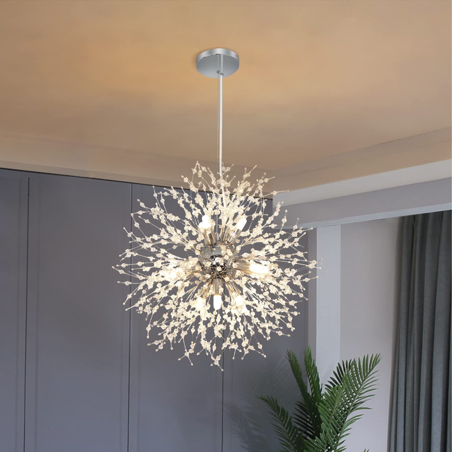 Depuley Modern Crystal Chandelier - 8/9/12 Light Dandelion Firework Pendant Lighting Fixture with Chrome Finish & G9 Bulbs | Elegant Ceiling Light for Living Room, Dining Room, Kitchen Island, Hallway, Entryway, Bedroom, and Foyer Decor