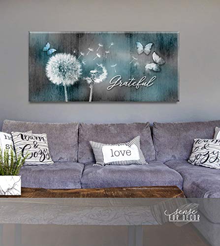 Grateful Dandelions & Butterfly Wall Art - Rustic Bedroom Decor Pictures for Walls (60x27, Teal) | Perfect for Boho Home Decor, Living Room & Nursery Wall Art