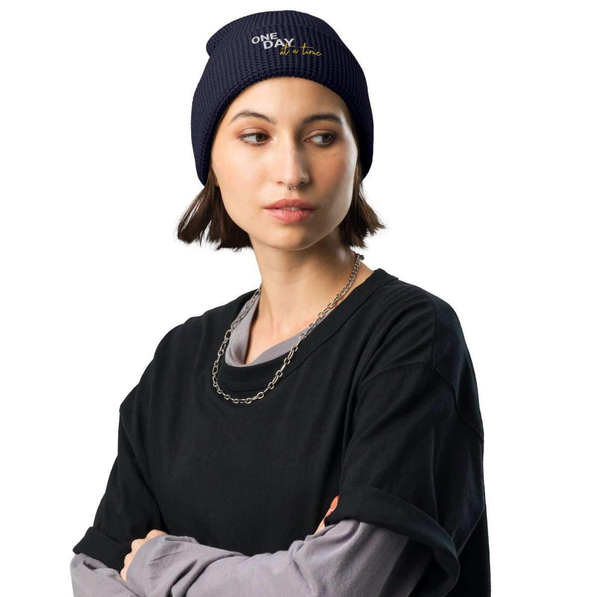 One Day at a Time Embroidered Waffle Beanie - Cozy Knit Winter Hat for Women & Men - Perfect for Cold Weather, Outdoor Activities & Casual Style