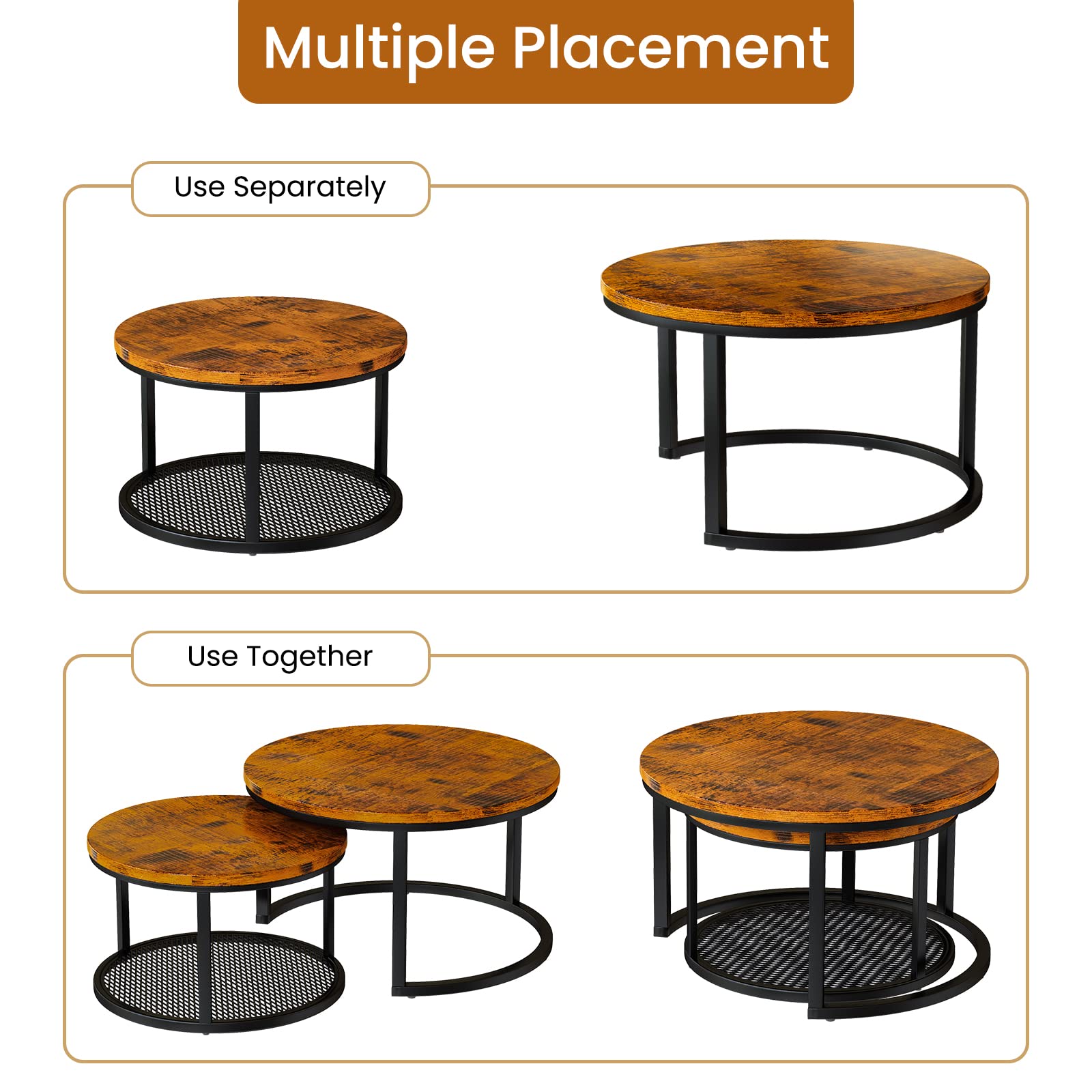 Lamerge 2-Piece Nesting Coffee Table Set - Round Rustic Brown Living Room Tables (29