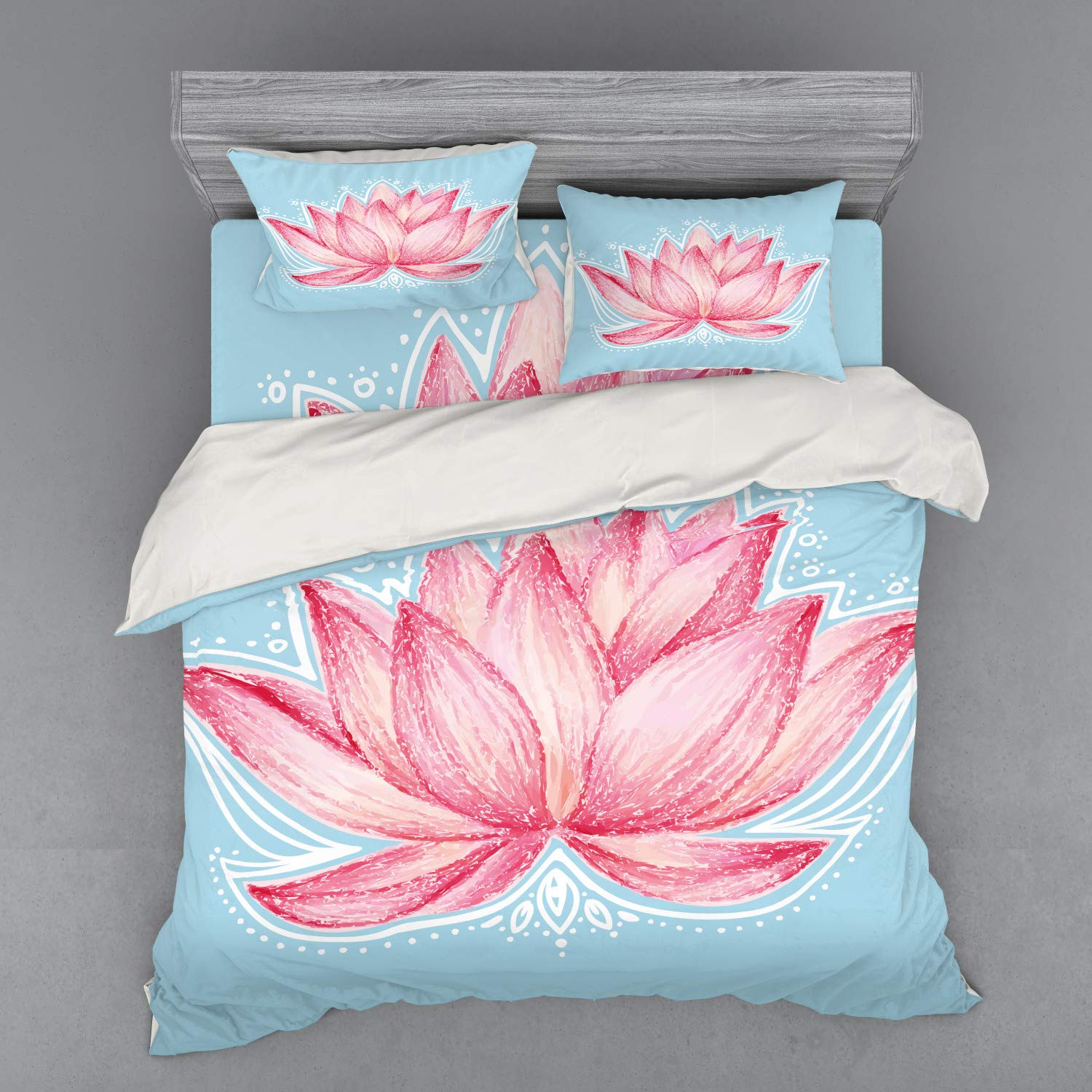 Ambesonne Lotus Flower Bedding Set - 4 Piece King Size Duvet Cover with Shams & Fitted Sheet, Pink & Pale Blue Botanical Design, Gardening Theme Home Decor for Master Bedroom & Guest Room