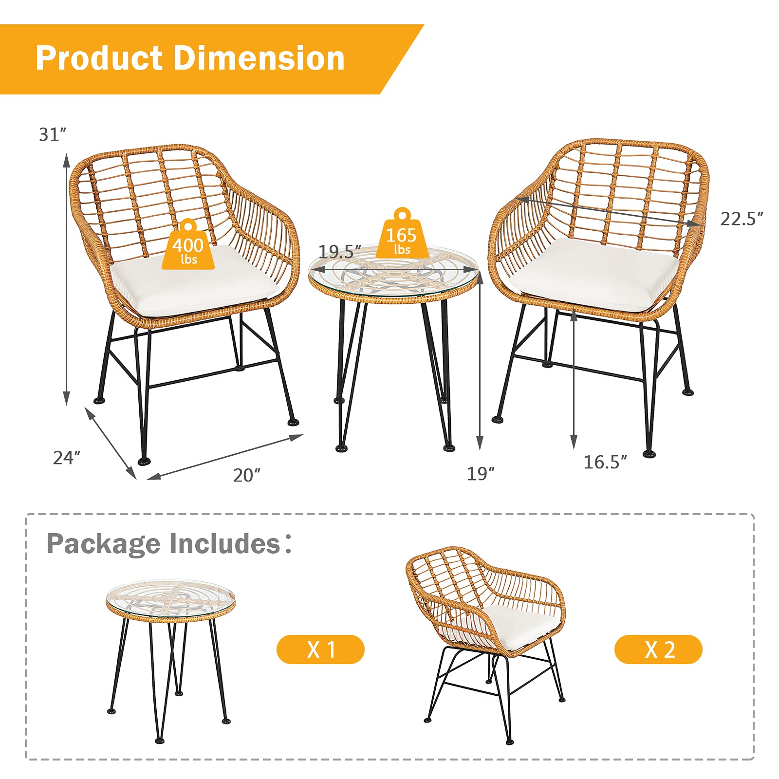 **HAPPYGRILL 3-Piece Rattan Bistro Set with Steel Frame, Round Coffee Table & Soft Cushions – Outdoor Patio Furniture for Garden, Balcony, or Poolside Relaxation**