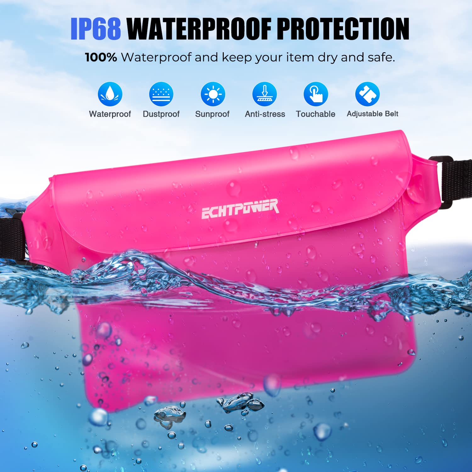ECHTPower 2-Pack Waterproof Pouch Bag - Adjustable Waist Strap Dry Bag for Swimming, Beach, Kayaking, Boating & Outdoor Activities | Ideal for Water Sports, Travel & Hiking
