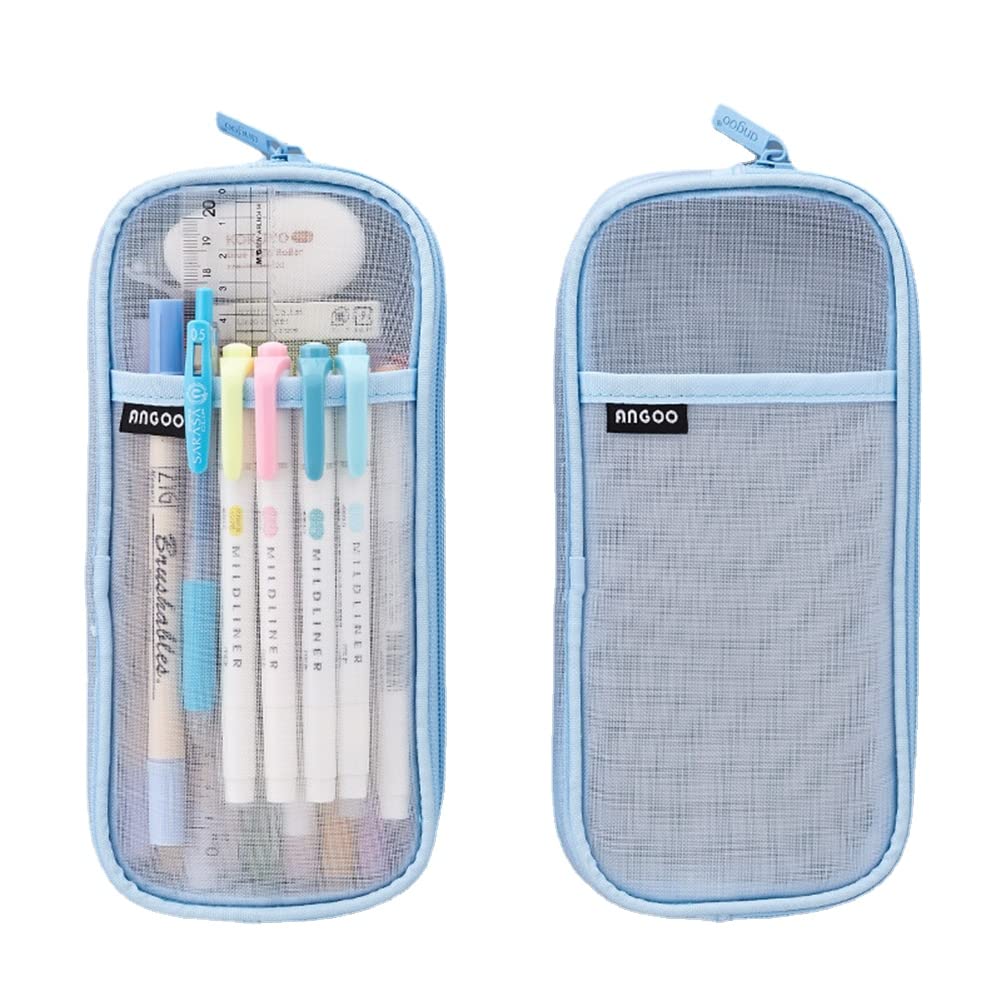 Grid Mesh Zippered Pencil Case - Large Capacity Clear Makeup Pouch & Cosmetic Organizer Bag | Multi-Purpose Travel, School & Office Storage for Teens & Adults | Perfect for School Supplies, Makeup Storage & Travel Essentials (Blue)