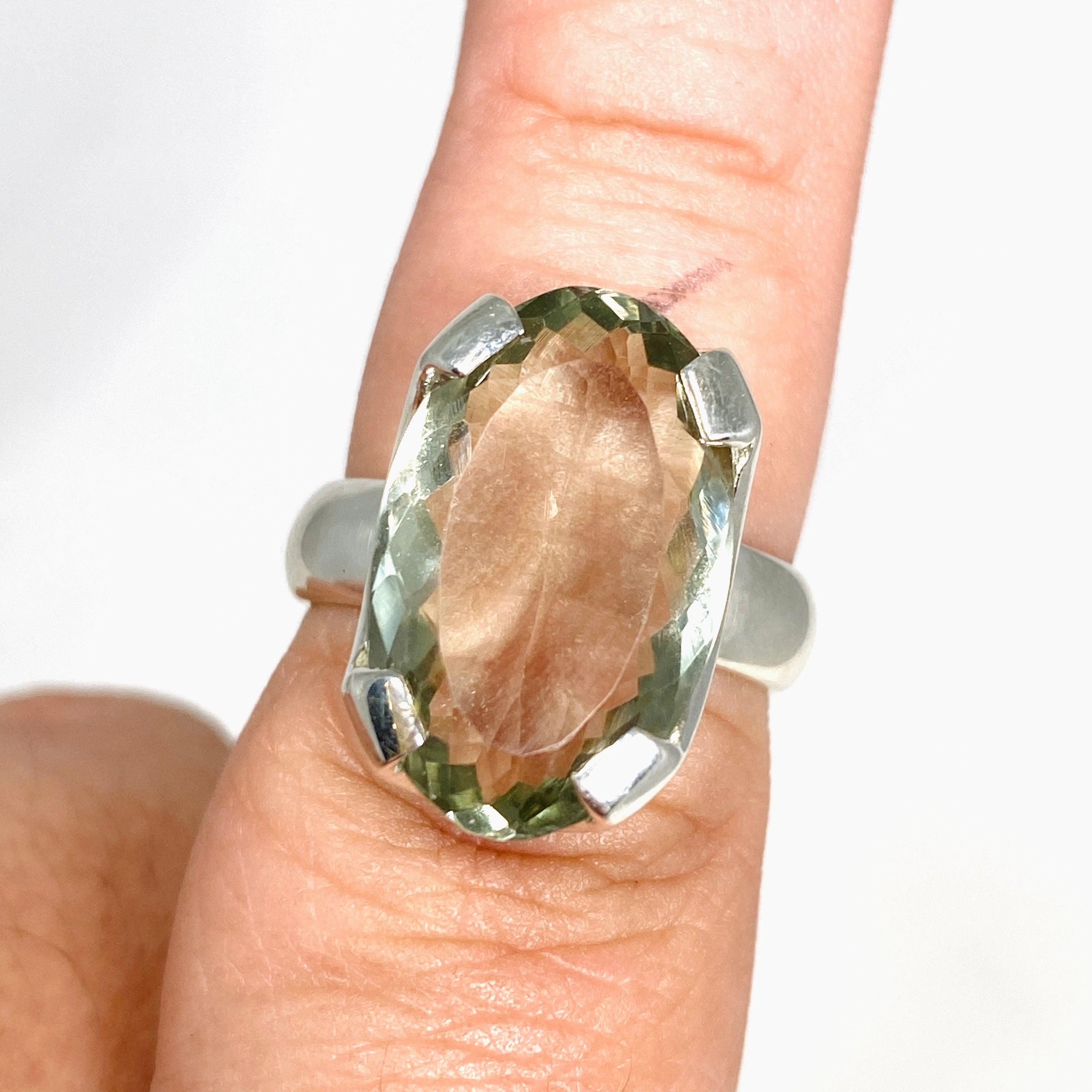 Prasiolite (Green Amethyst) Oval Faceted Ring - Size 8 - KRGJ3169 - Elegant Jewelry for Women, Perfect for Weddings, Parties & Special Occasions