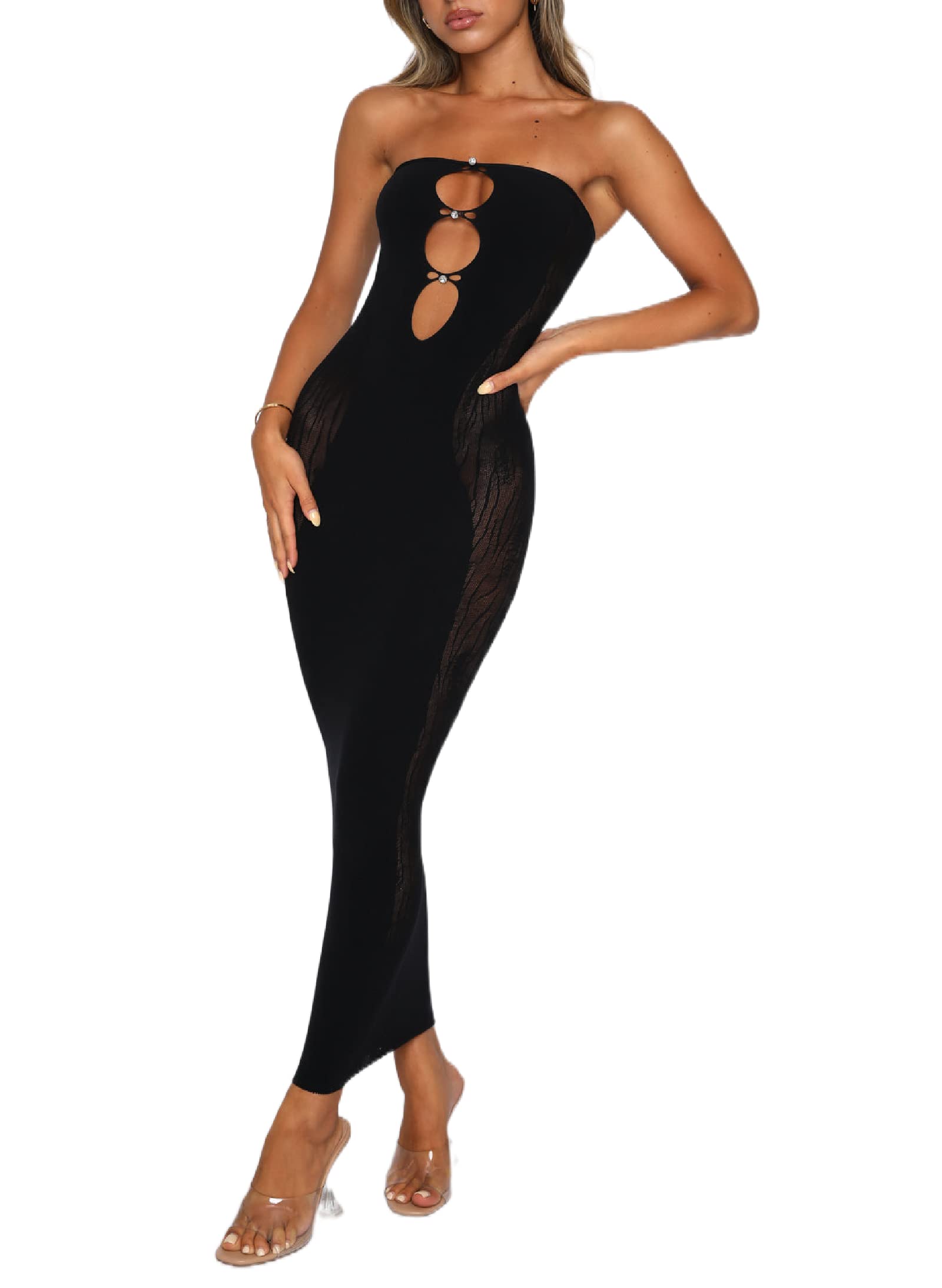 Seyumixi Women's Sexy Hollow Out Long Bodycon Dress - Backless Maxi Dress with V Neck & Spaghetti Straps for Cocktail Party, Evening, Date Night & Special Occasions