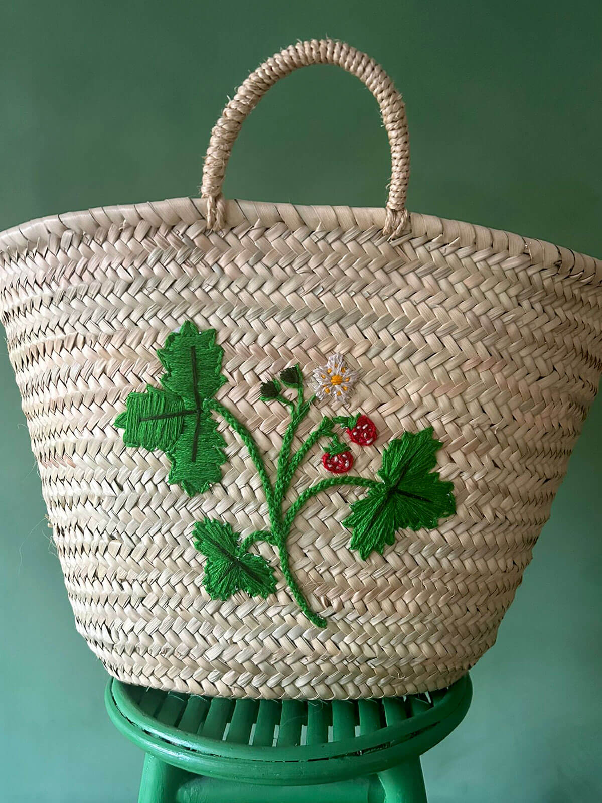 Hand Embroidered Market Basket with Wild Strawberry Design - Eco-Friendly Cotton Tote for Grocery Shopping, Farmers Market & Picnic Essentials