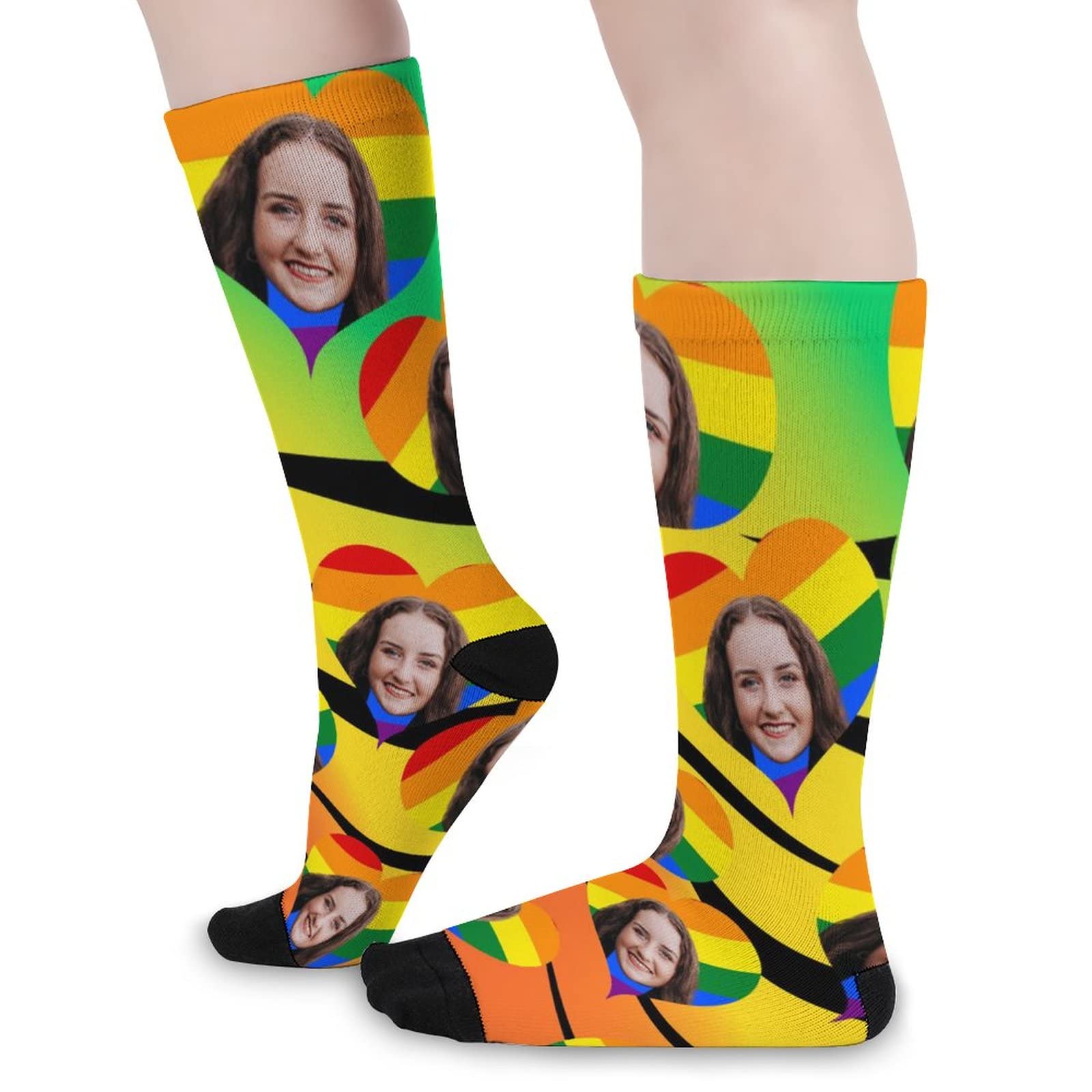 Custom Rainbow Heart Face Crew Socks - 6 Pairs Black Toe Athletic Socks for Men & Women - Moisture-Wicking, Breathable All-Season Performance Socks - Perfect for Running, Gym, Sports & Casual Wear