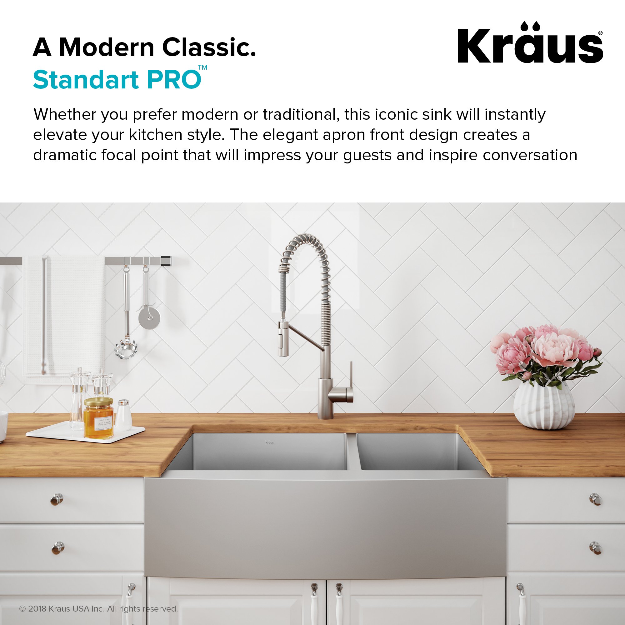 KRAUS Standard PRO™ 36-inch 16 Gauge 60/40 Double Bowl Stainless Steel Farmhouse Kitchen Sink with WasteGuard™ Continuous Feed Garbage Disposal - KHF203-36-100-75MB | Durable & Stylish for Modern Kitchens, Perfect for Busy Home Chefs & Large Families
