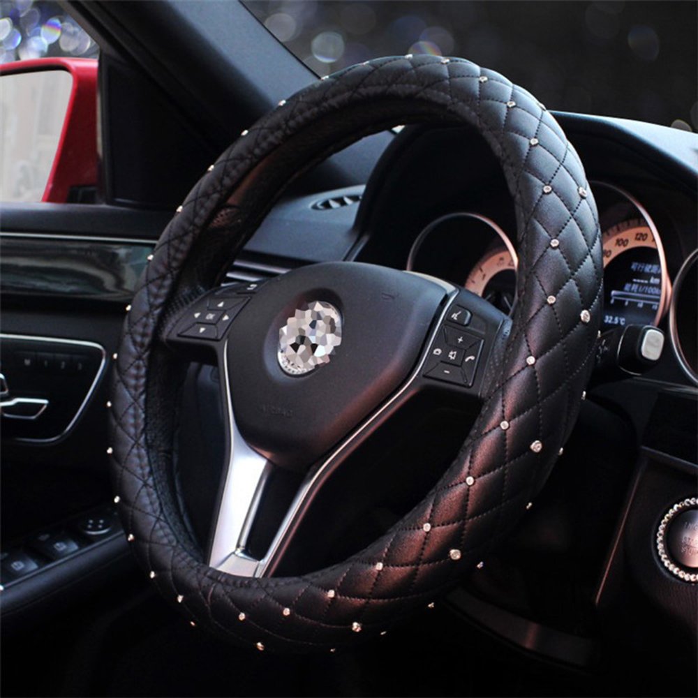 U&M Bling Bling Rhinestone Leather Steering Wheel Cover - Anti-Slip Grip, Universal Fit for 15 Inch Wheels - Luxury Car Accessory for Women & Girls - Perfect for Daily Commute & Road Trips