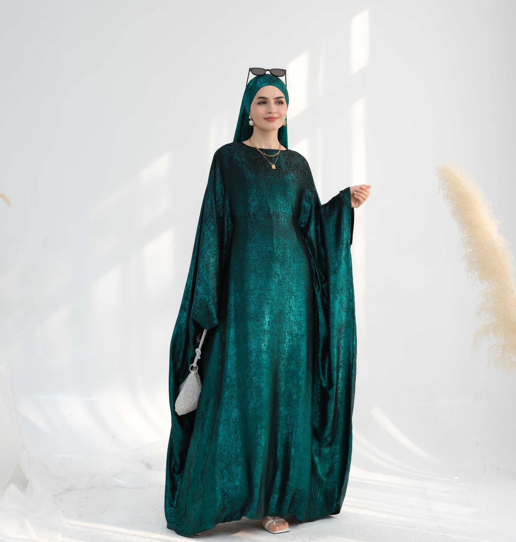 Linora Shimmer Butterfly Abaya - Elegant Green Islamic Dress for Women | Perfect for Eid, Ramadan, and Special Occasions