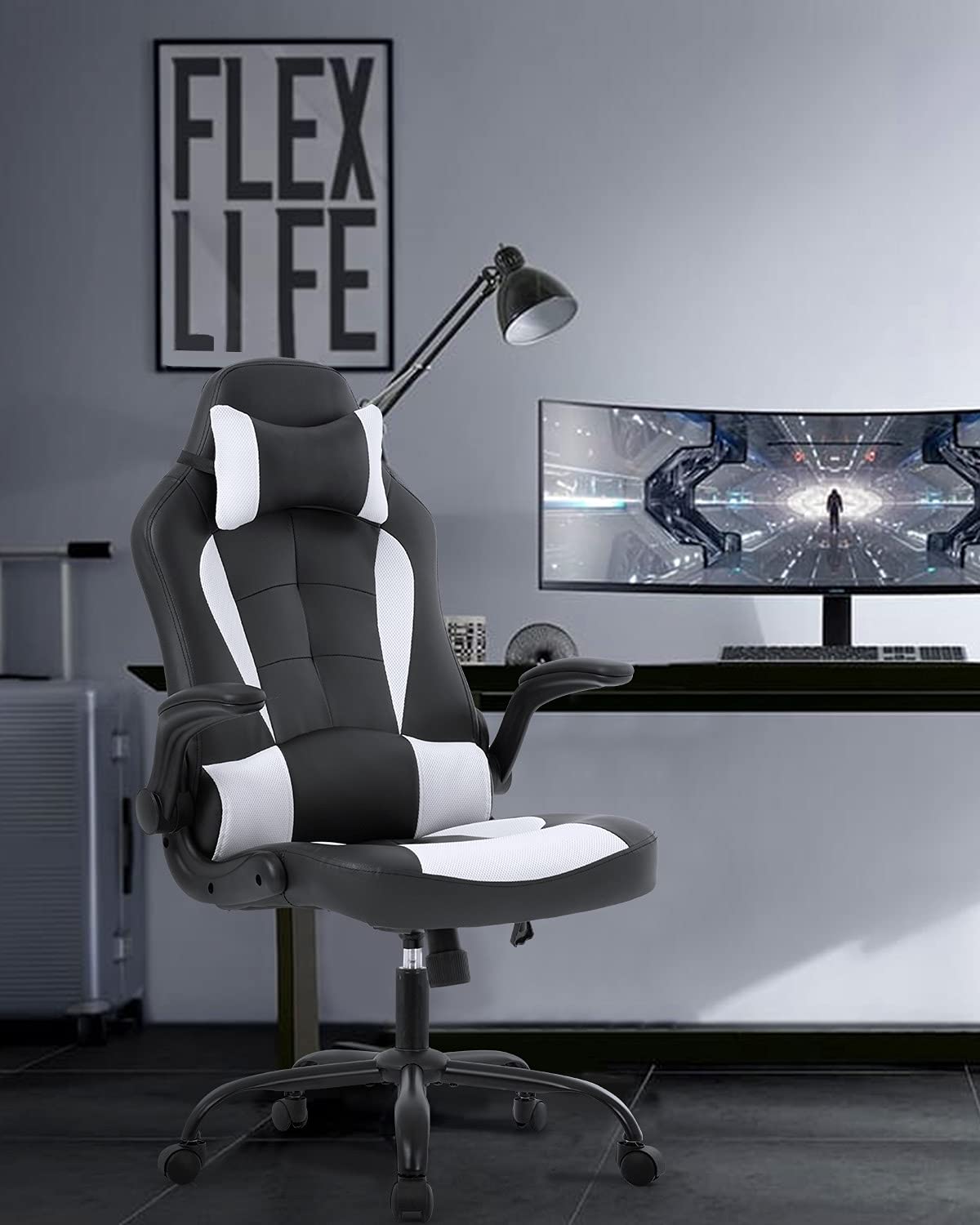 Ergonomic PC Gaming Chair with Adjustable Armrests, Headrest & Lumbar Support - High Back PU Leather Office Desk Chair for Home & Work - Perfect for Gamers, Remote Workers & Long Computer Sessions (White)