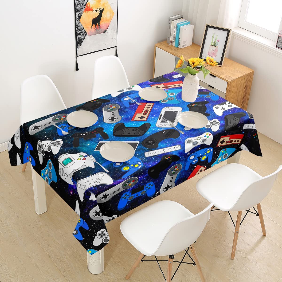 Purple Galaxy Nebula Video Game Table Cover - Washable 55x55 Inch Square Gaming Tablecloth for Kitchen, Picnic & Game Room Decor - Durable Fabric for Gaming Equipment Protection & Party Decorations