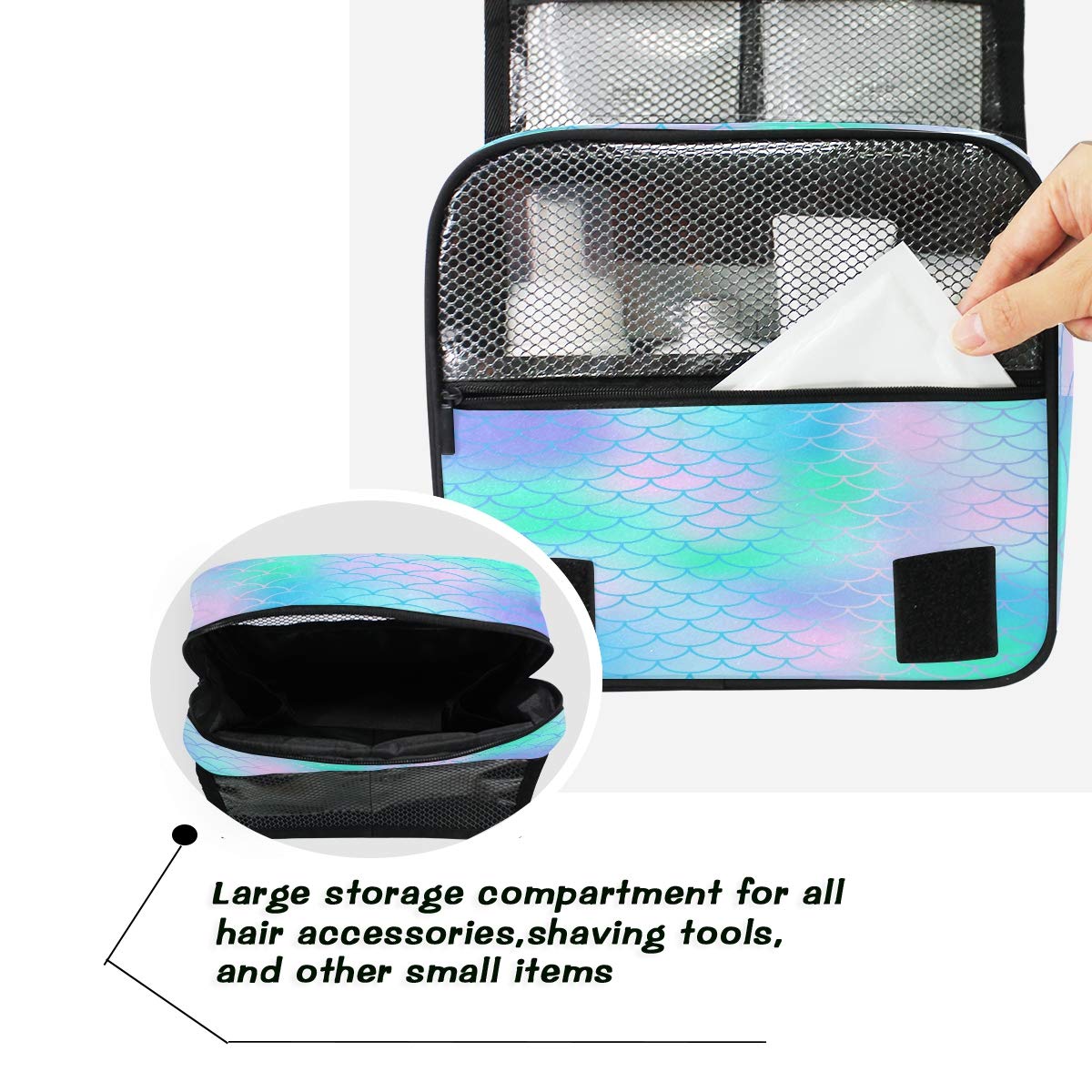 QMXO Hanging Travel Toiletry Bag - Waterproof Cosmetic Organizer with Mermaid Scales Design for Women & Girls, Portable Folding Bathroom & Gym Wash Bag - Perfect for Travel, Camping, Beach & Gym Use