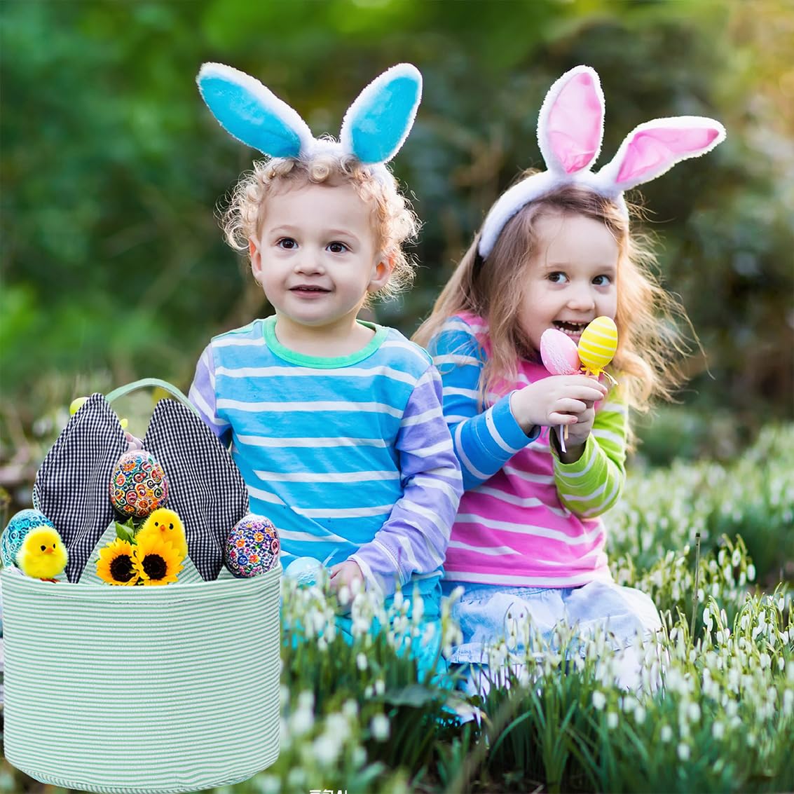 Easter Basket for Kids - Seersucker Egg Hunt Bunny Basket with Cute Rabbit Ears & Striped Design - Perfect for Easter Party Favors, Candy Storage & Personalized Gifts - Great for Easter Egg Hunts, Spring Celebrations & Holiday Decorations