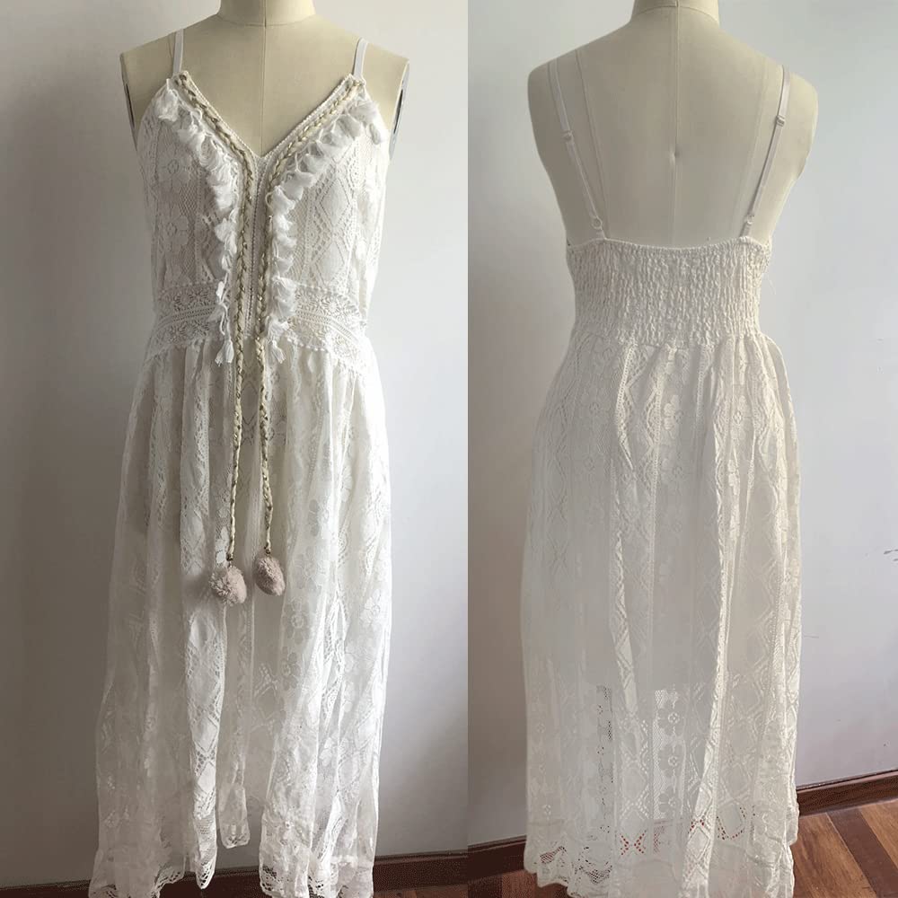 Blamplud Women's White Lace Summer Dress - Sexy V-Neck Sleeveless/Sleeve Slip Dress for Casual Wear, Beach Vacation & Date Night Outfits